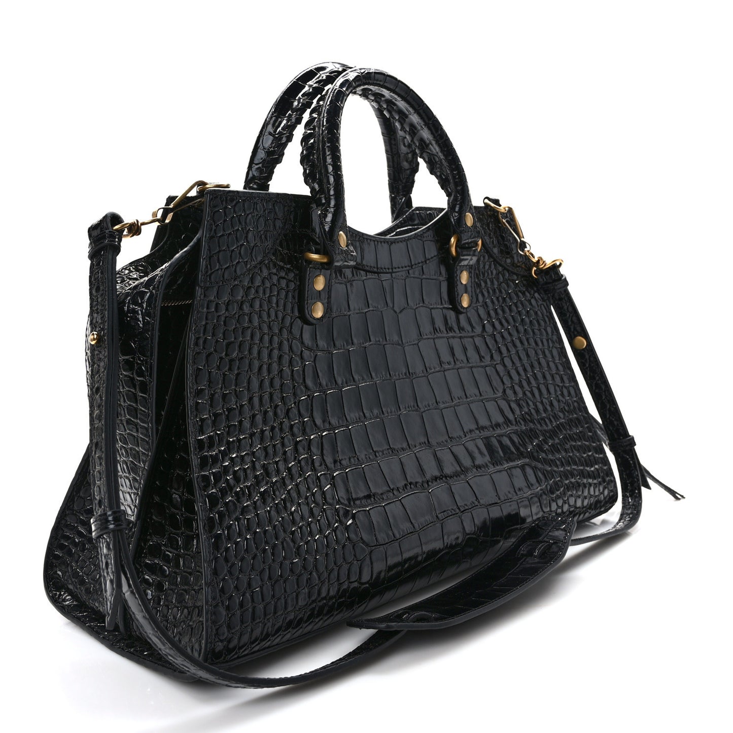 Shiny Supple Calfskin Crocodile Embossed Brass Hardware Neo Classic City Black