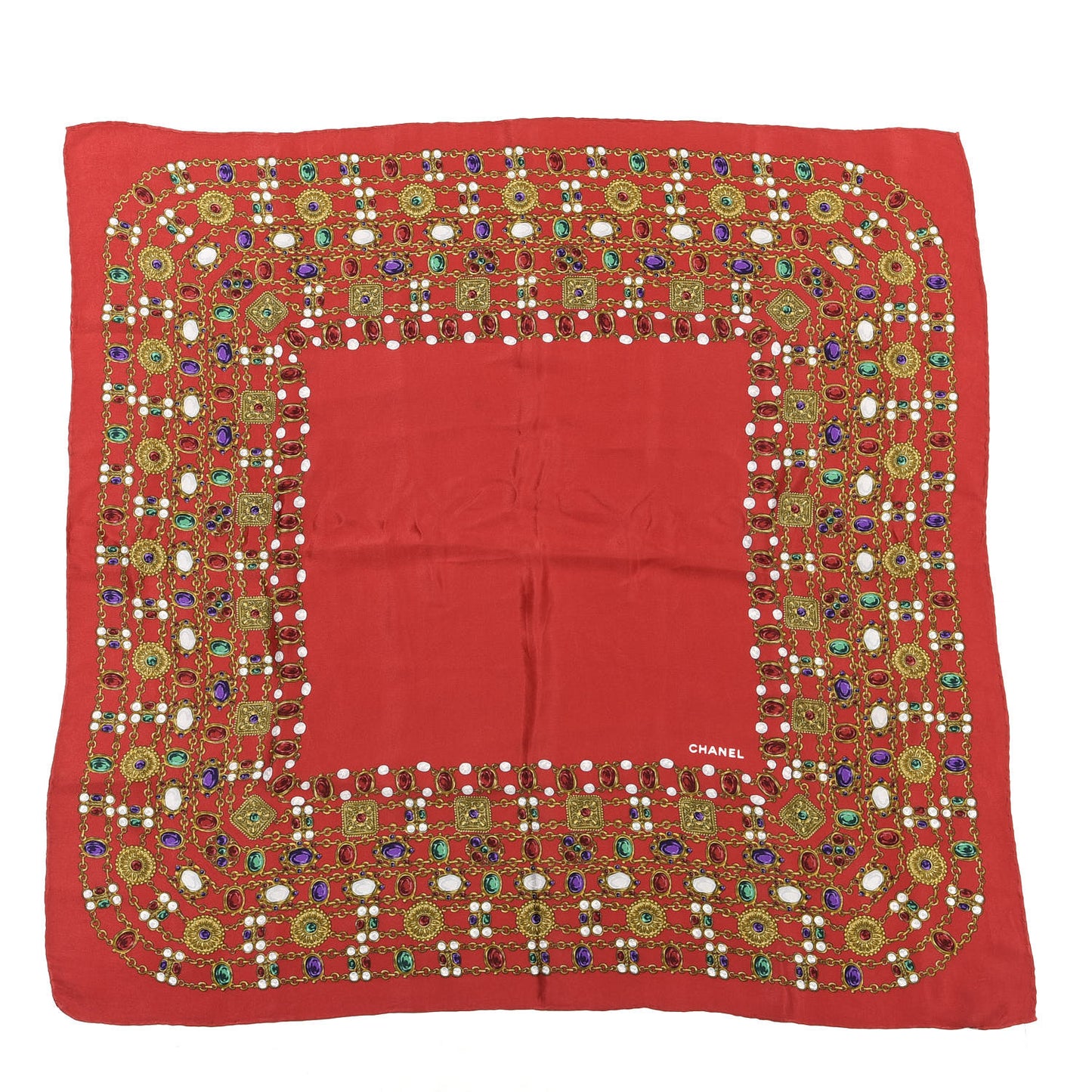 Silk Pearl Jewel Chain Print Scarf Red