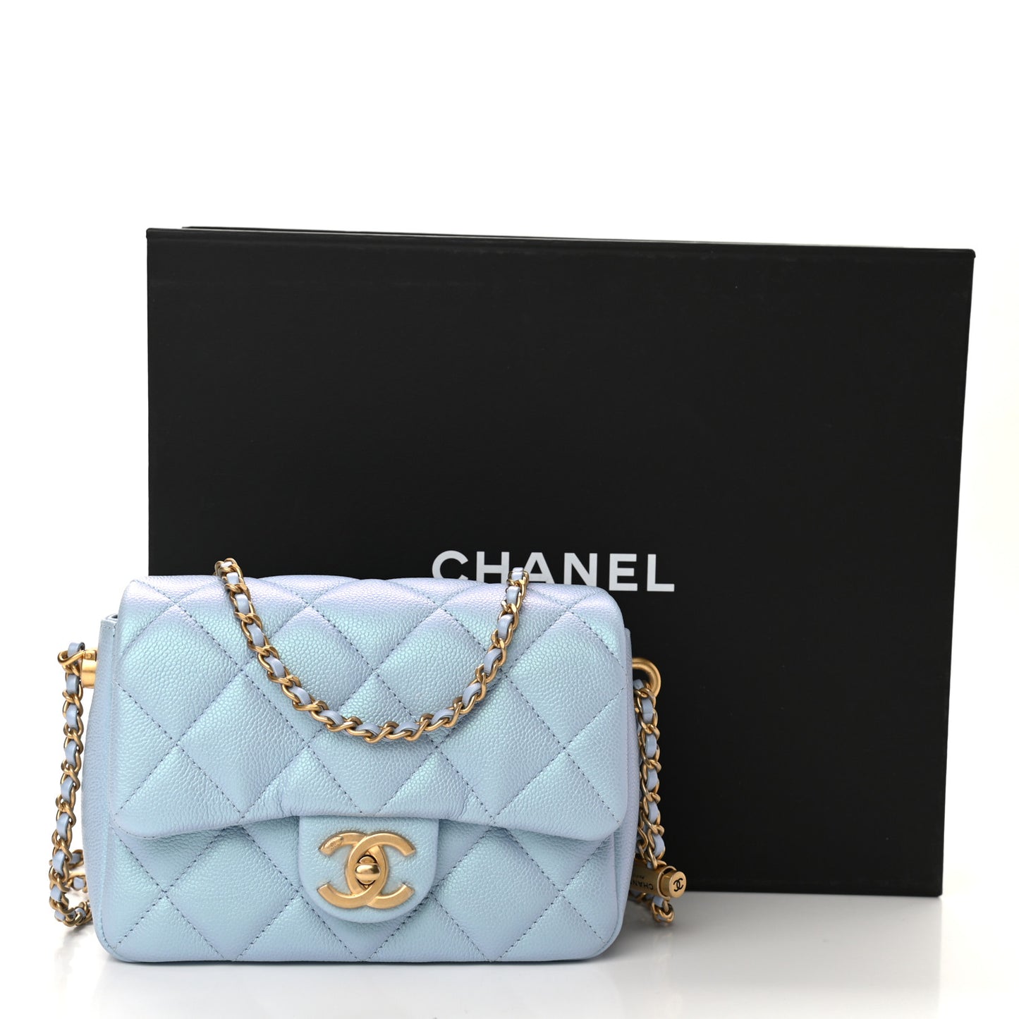 Iridescent Caviar Quilted Mini My Perfect Flap Light Blue