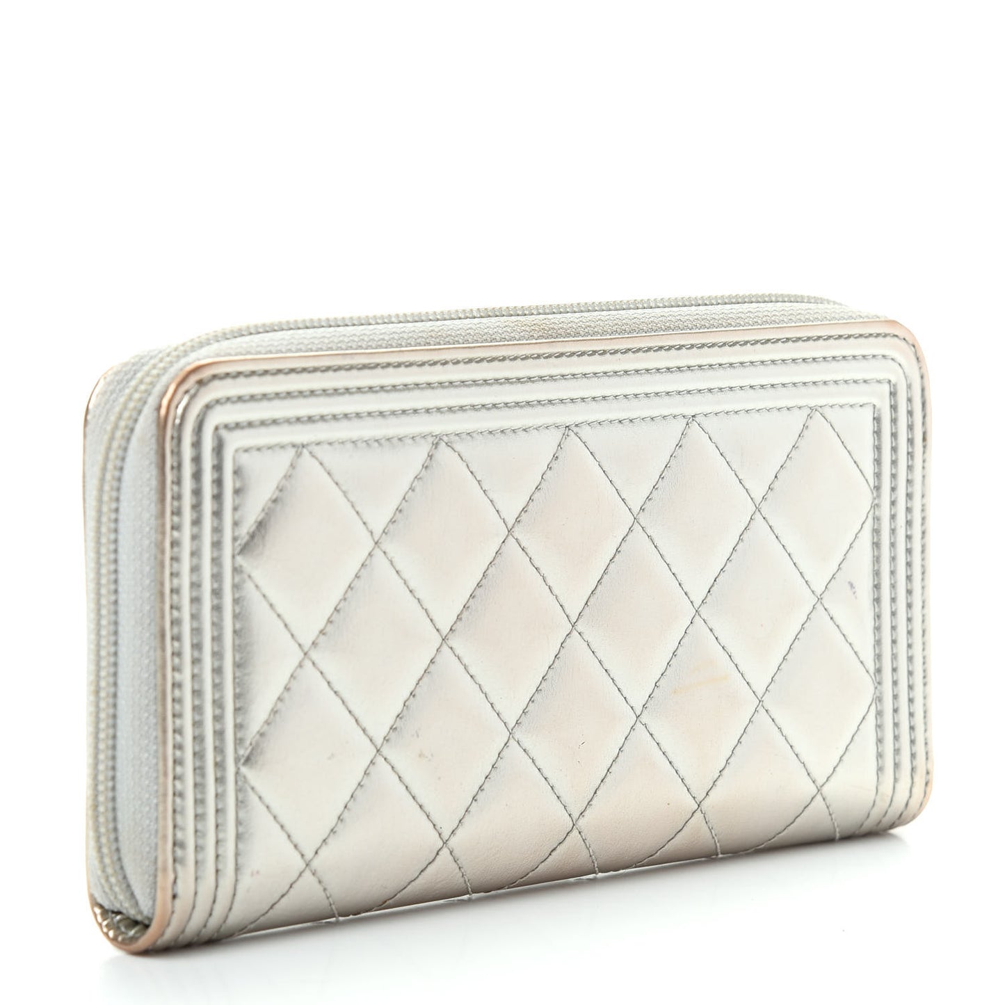Metallic Calfskin Quilted Boy Zip Around Wallet Silver