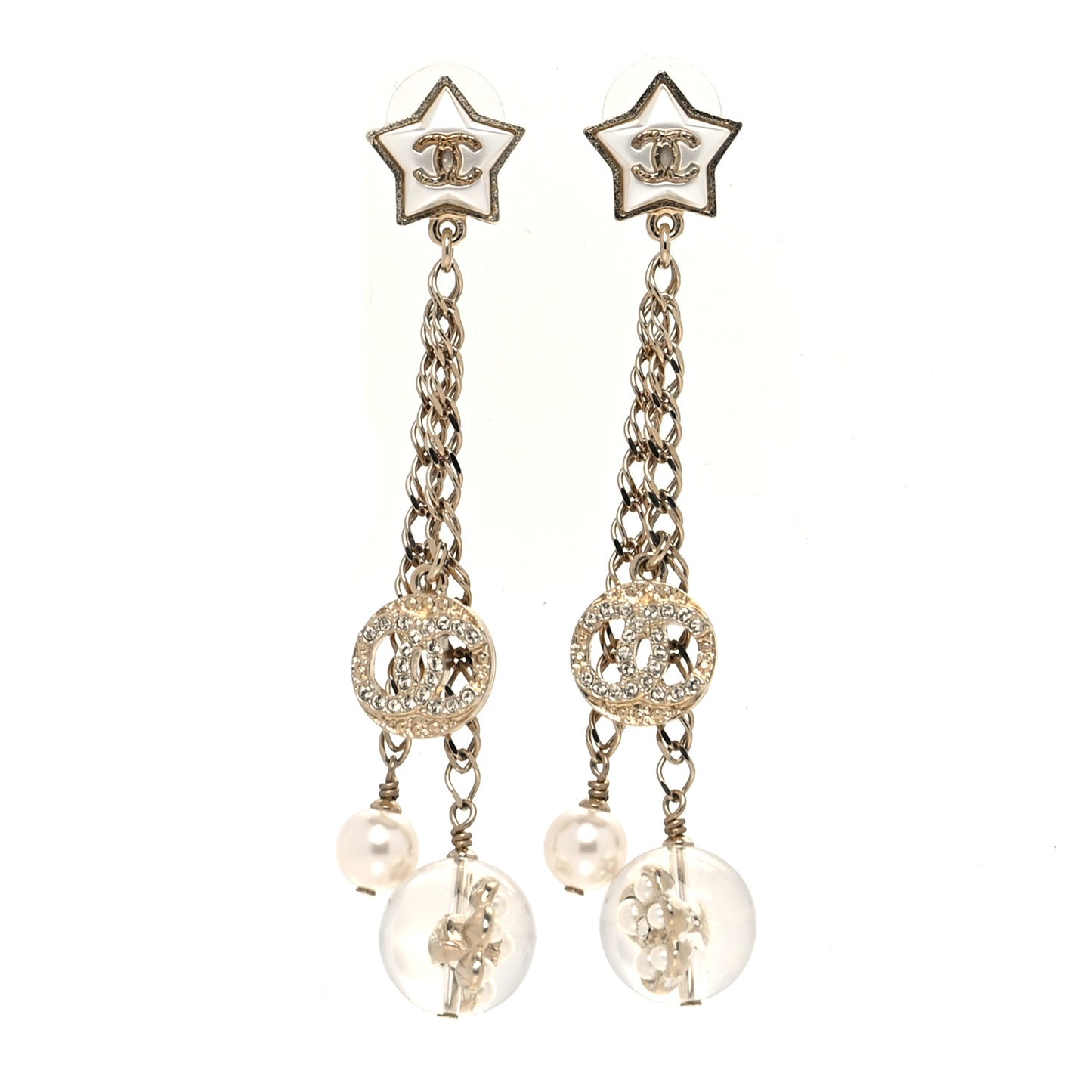 Crystal Pearl Resin CC Star Dangle Earrings Gold