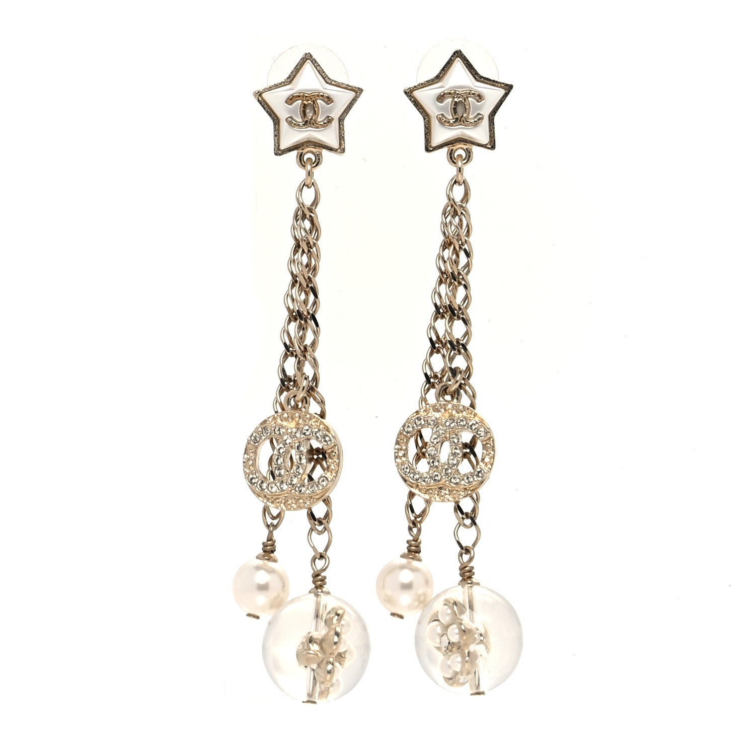 Chanel Crystal Pearl Resin CC Star Dangle Earrings Gold 1 of 5