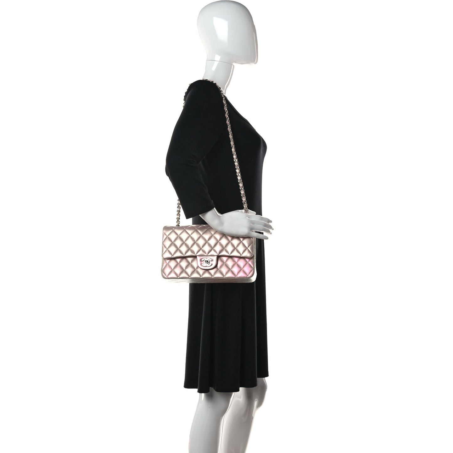 Iridescent Calfskin Quilted Medium Double Flap Pink