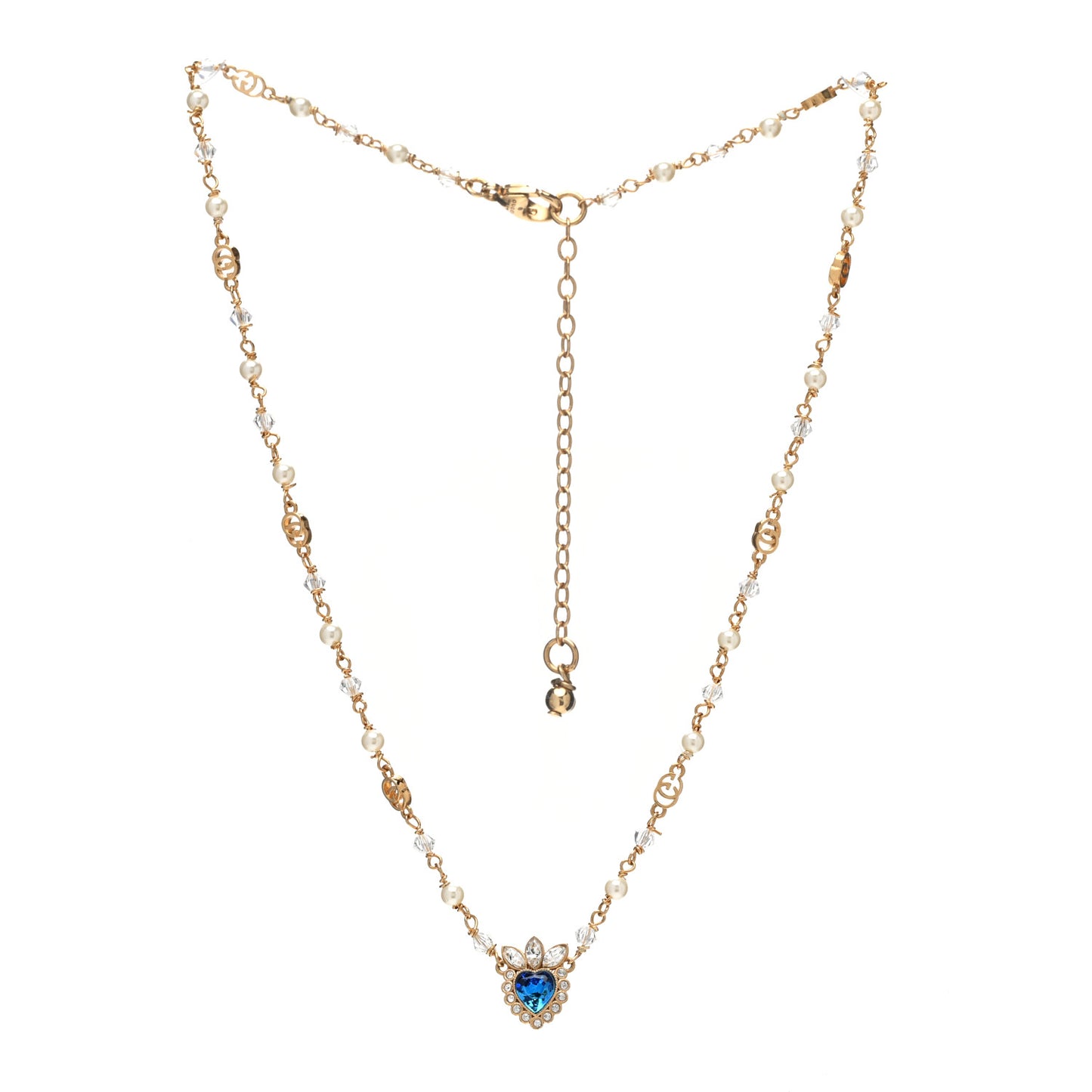 Metal Crystal Pearl Heart Necklace Gold Blue