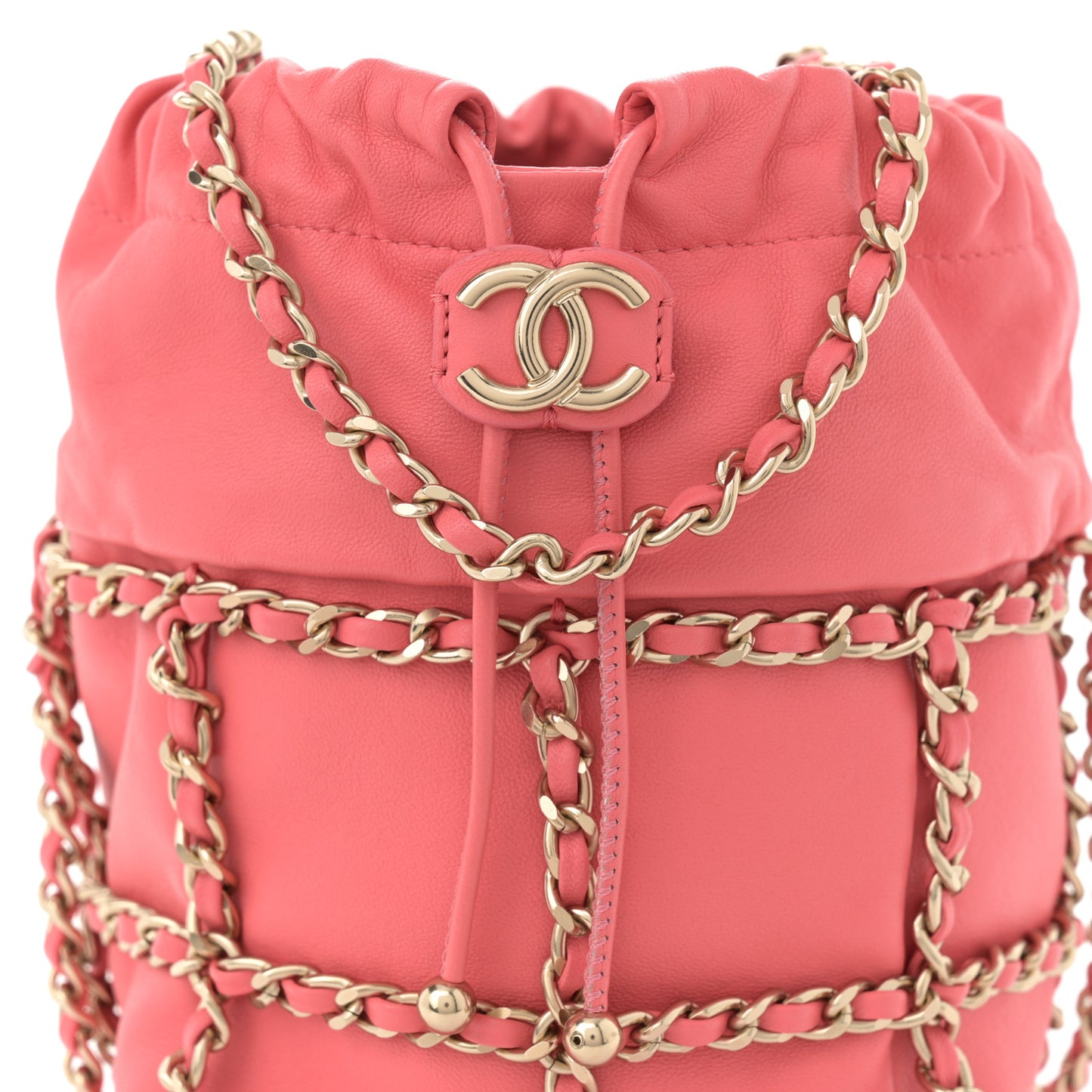 Lambskin Bucket Chain Drawstring Bag Pink