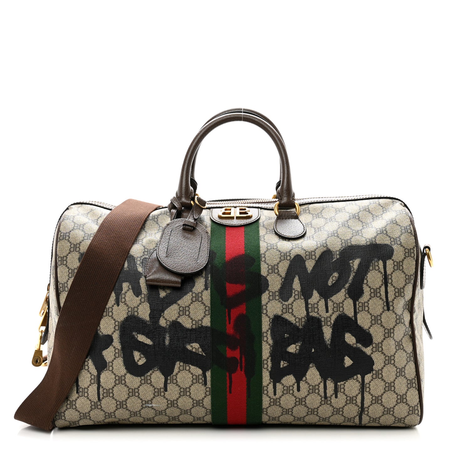 X BALENCIAGA BB Monogram Web Graffiti Medium Ophidia Carry-On Duffle Bag Beige New Acero