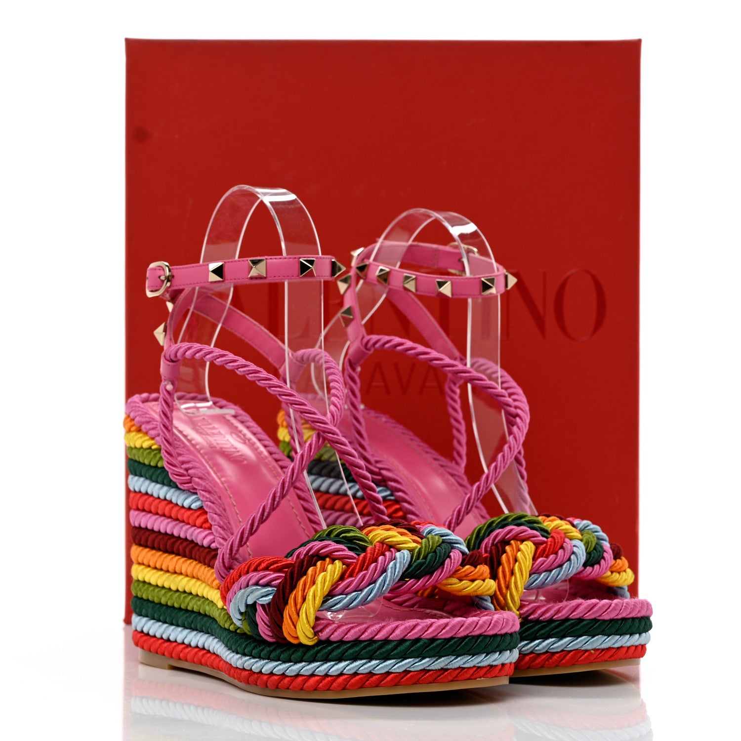 Valentino Garavani Calfskin Rockstud Ankle Strap Torchon Espadrille 25/115mm Wedge Sandals 37 Feminine Pink Multicolor 11 of 11