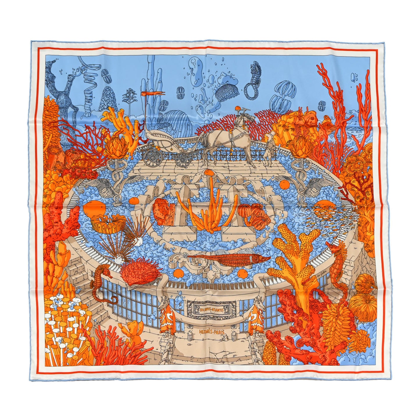 Vintage Silk Ex Libris Atlantis Scarf 70 Ciel Orange Mastic