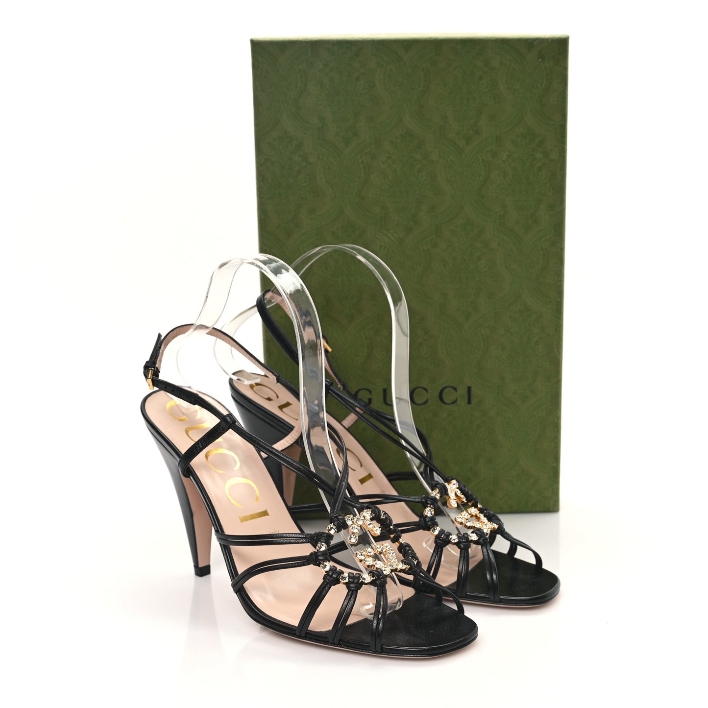 Calfskin Crystal GG Isa Ankle Strap Mid Heel Sandals 39.5 Black