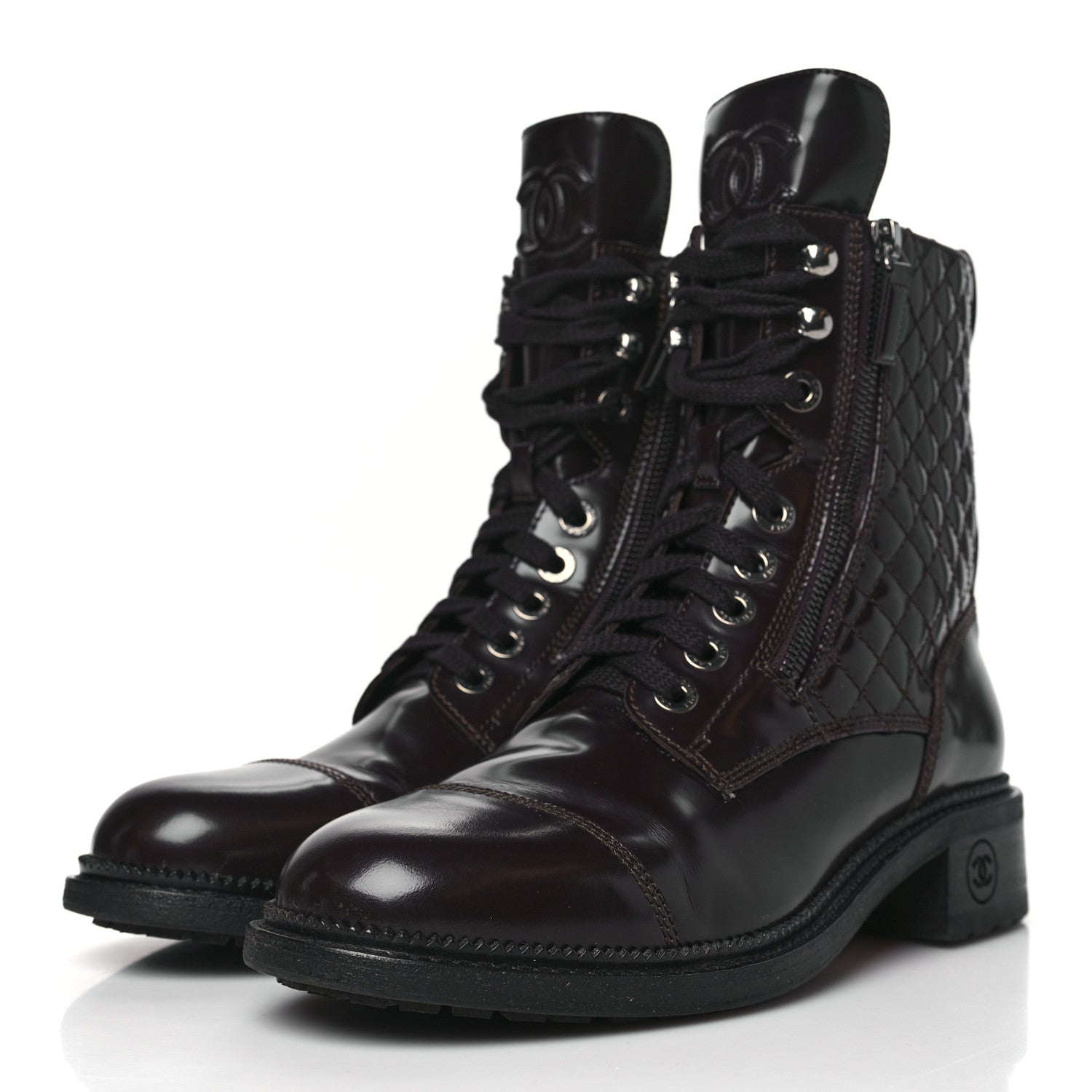 Chanel Shiny Calfskin Quilted CC Lace Up Combat Boots 40 Dark Burgundy 3 of 9