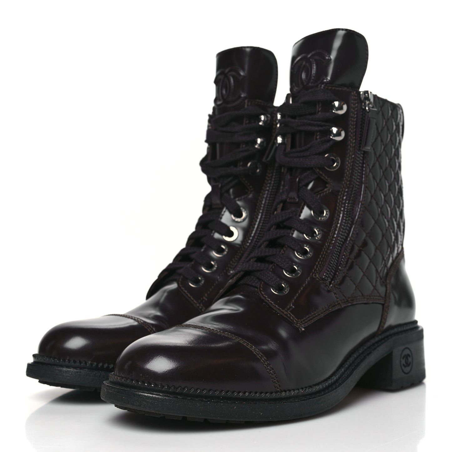 Shiny Calfskin Quilted CC Lace Up Combat Boots 40 Dark Burgundy