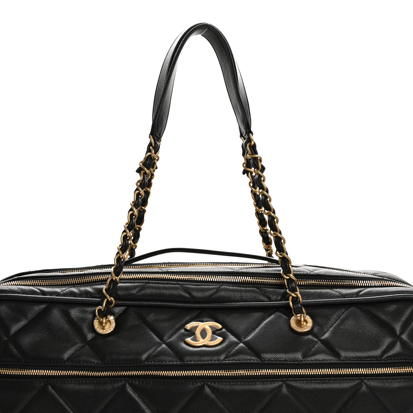 Shiny Grained Calfskin Quilted Large Travel Bowling Bag Black