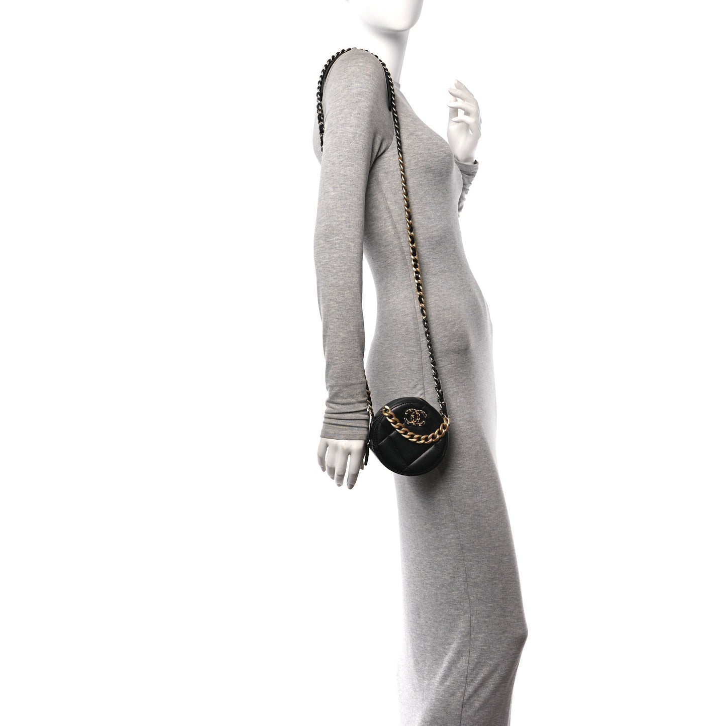 Shiny Goatskin Quilted Chanel 19 Round Clutch With Chain Black