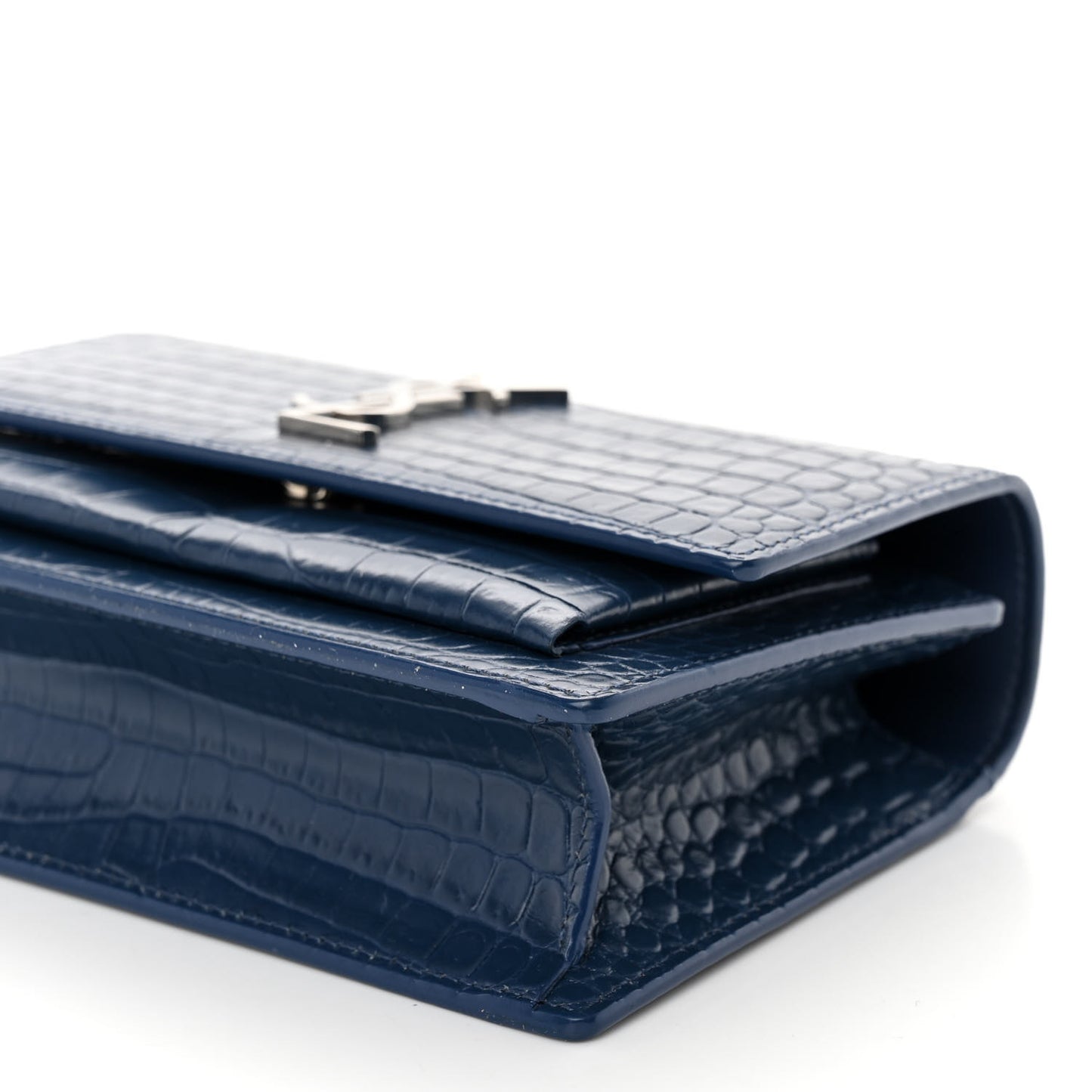 Calfskin Crocodile Embossed Monogram Sunset Chain Wallet Denim