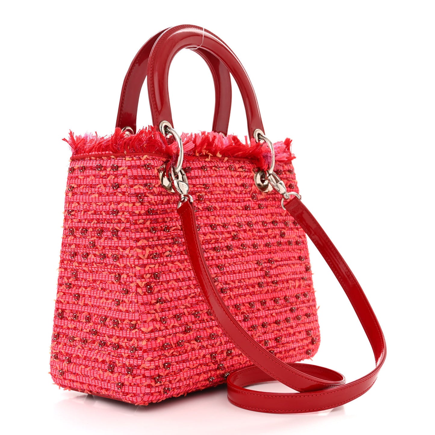 Tweed Fringe Rhinestone Medium Lady Dior Red