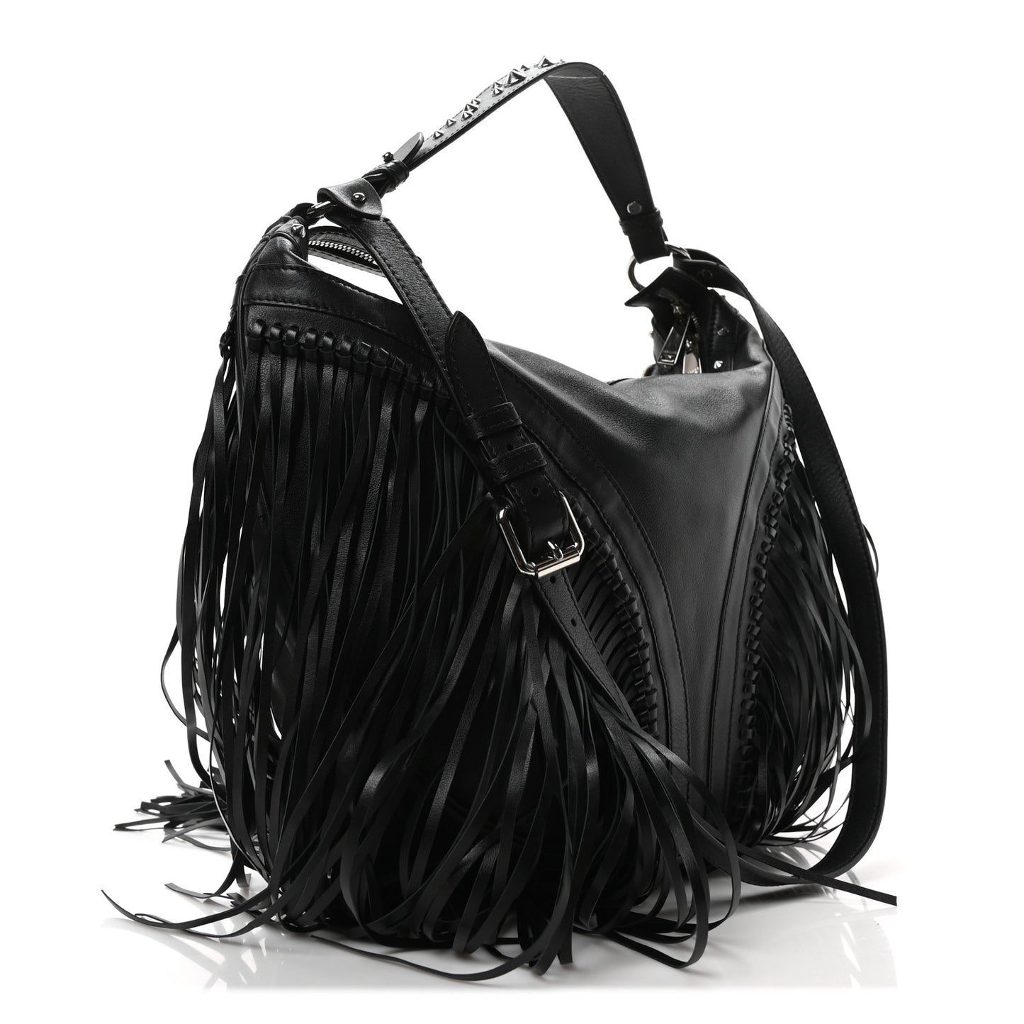 Calfskin Studded Large Fringe Repeat Zip Hobo Black
