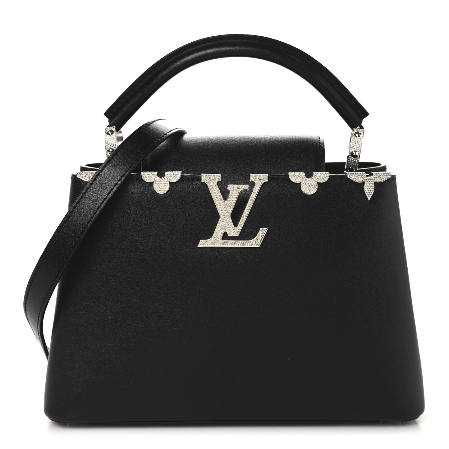 Smooth Calfskin Crystal Flowers Capucines BB Black