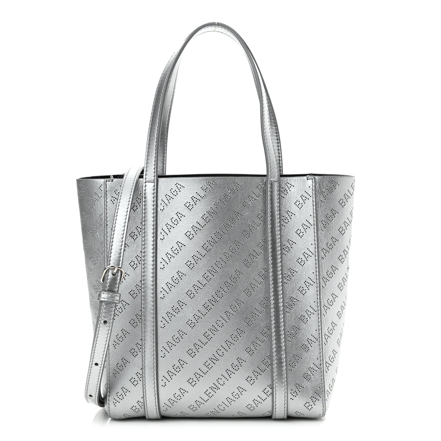 Balenciaga Metallic Calfskin Logo Perforated XXS Everyday Tote New Silver 1 of 14