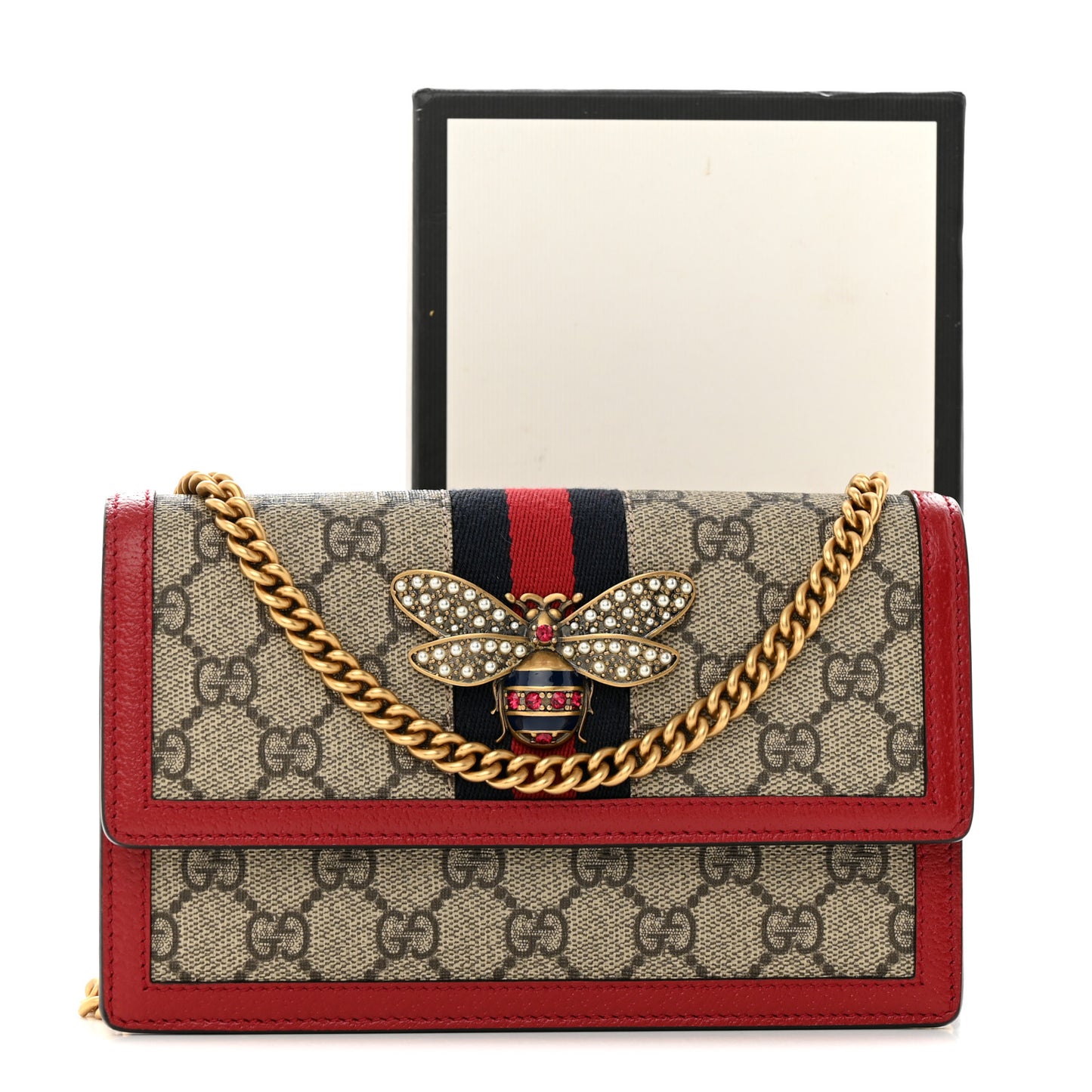 GG Supreme Monogram Web Queen Margaret Chain Wallet Red