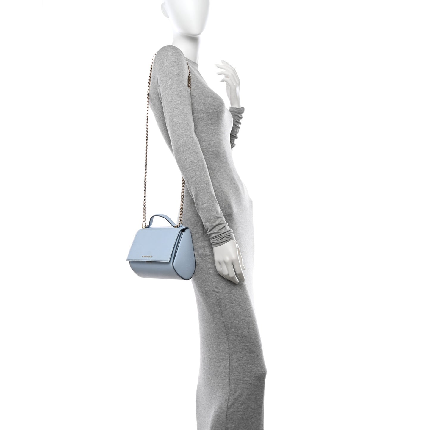 Textured Calfskin Mini Pandora Box Chain Crossbody Bag Pale Blue