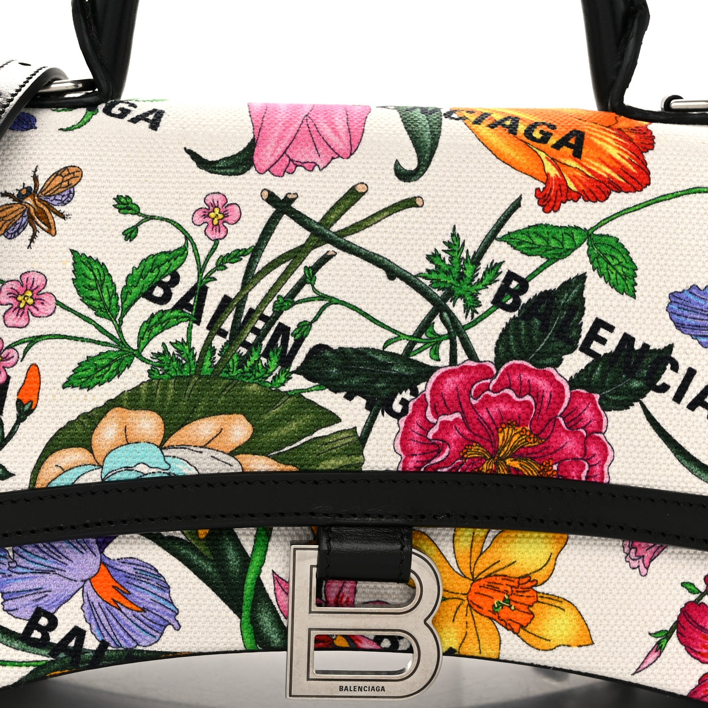 X GUCCI Canvas Boarded Plutone Calfskin Flora Logo Print Small Hourglass Top Handle Bag White Multicolor Black