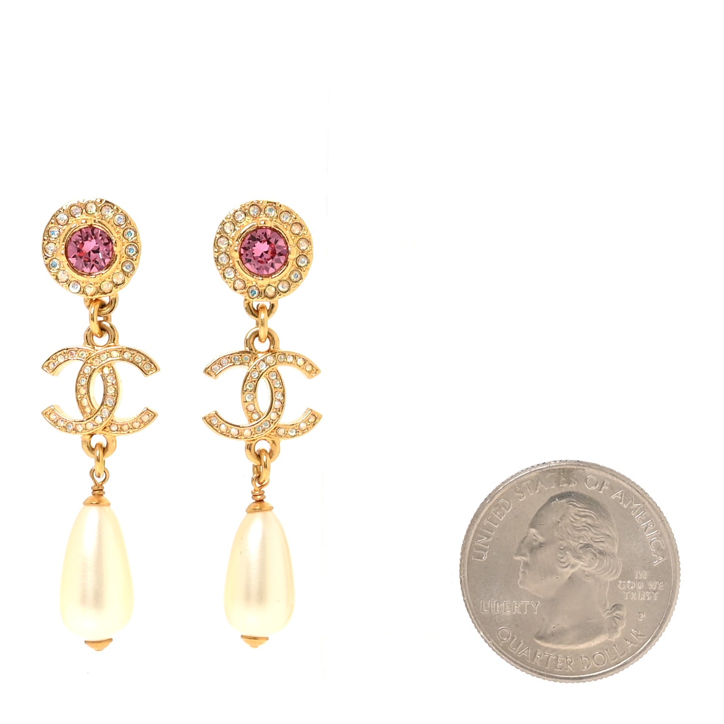 Metal Crystal Pearl CC Drop Earrings Gold Pink White