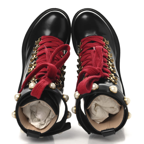 Magnum Calfskin Pearl Lace Up Combat Ankle Boots 36.5 Black