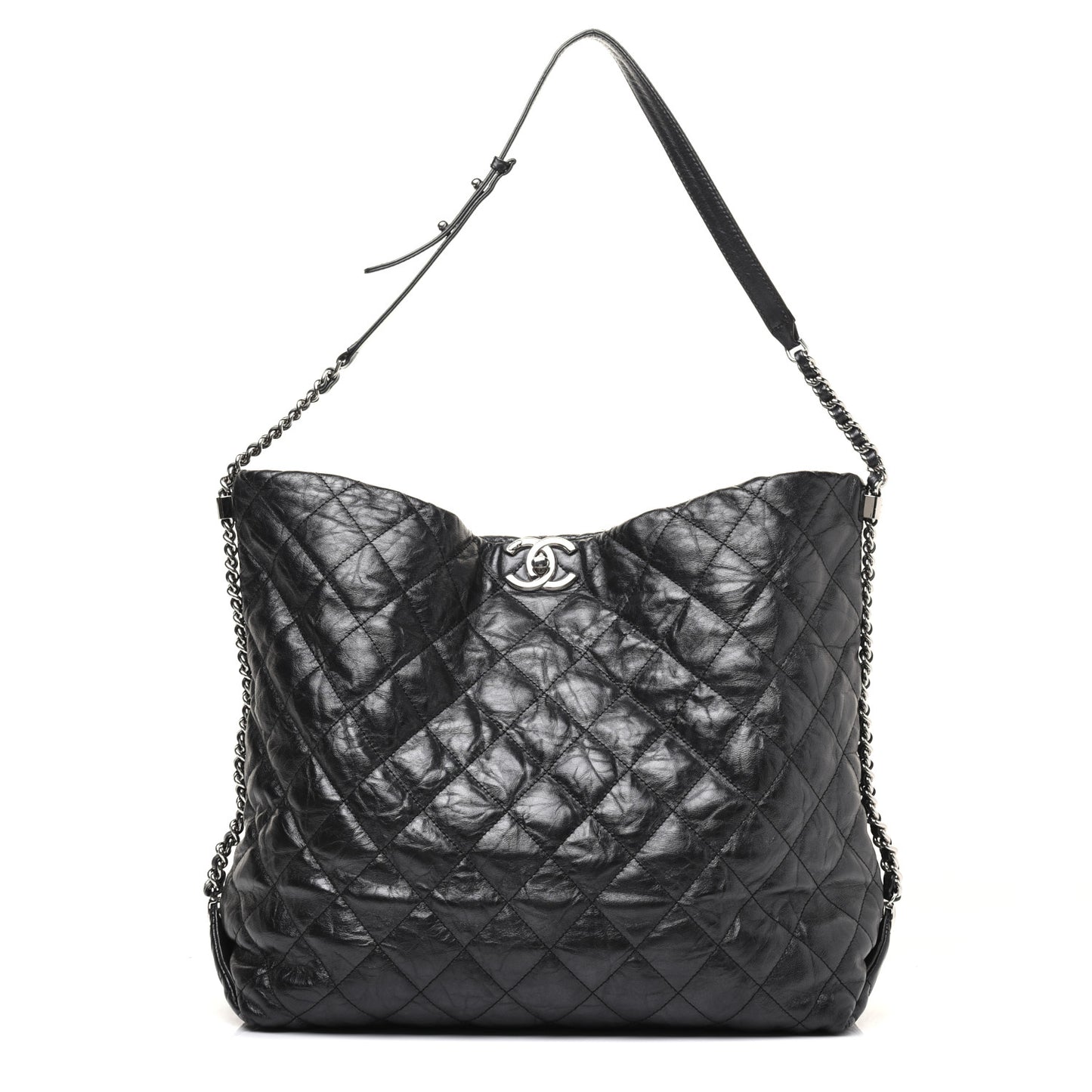 Metallic Crackled Calfskin Quilted Large Big Bang Hobo Black