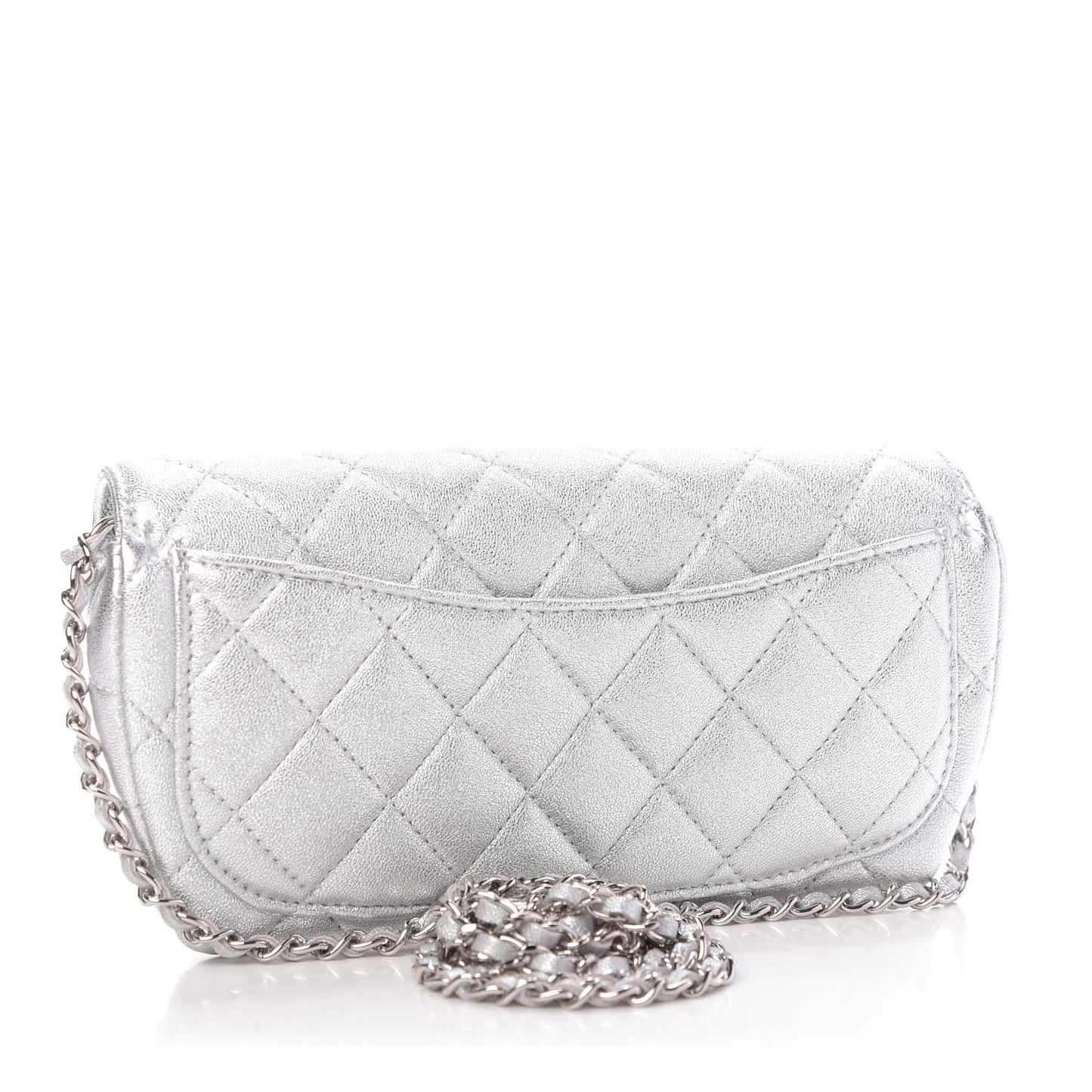 Metallic Lambskin Quilted Glasses Case With Chain Silver