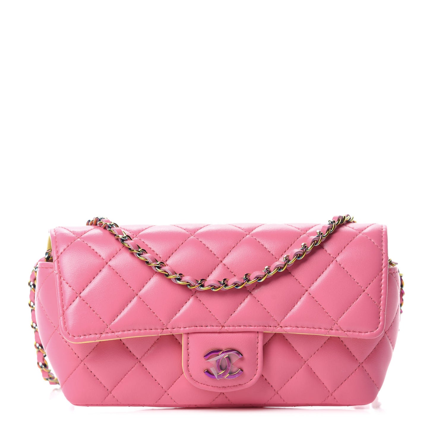 Lambskin Quilted Glasses Case With Chain Pink Yellow