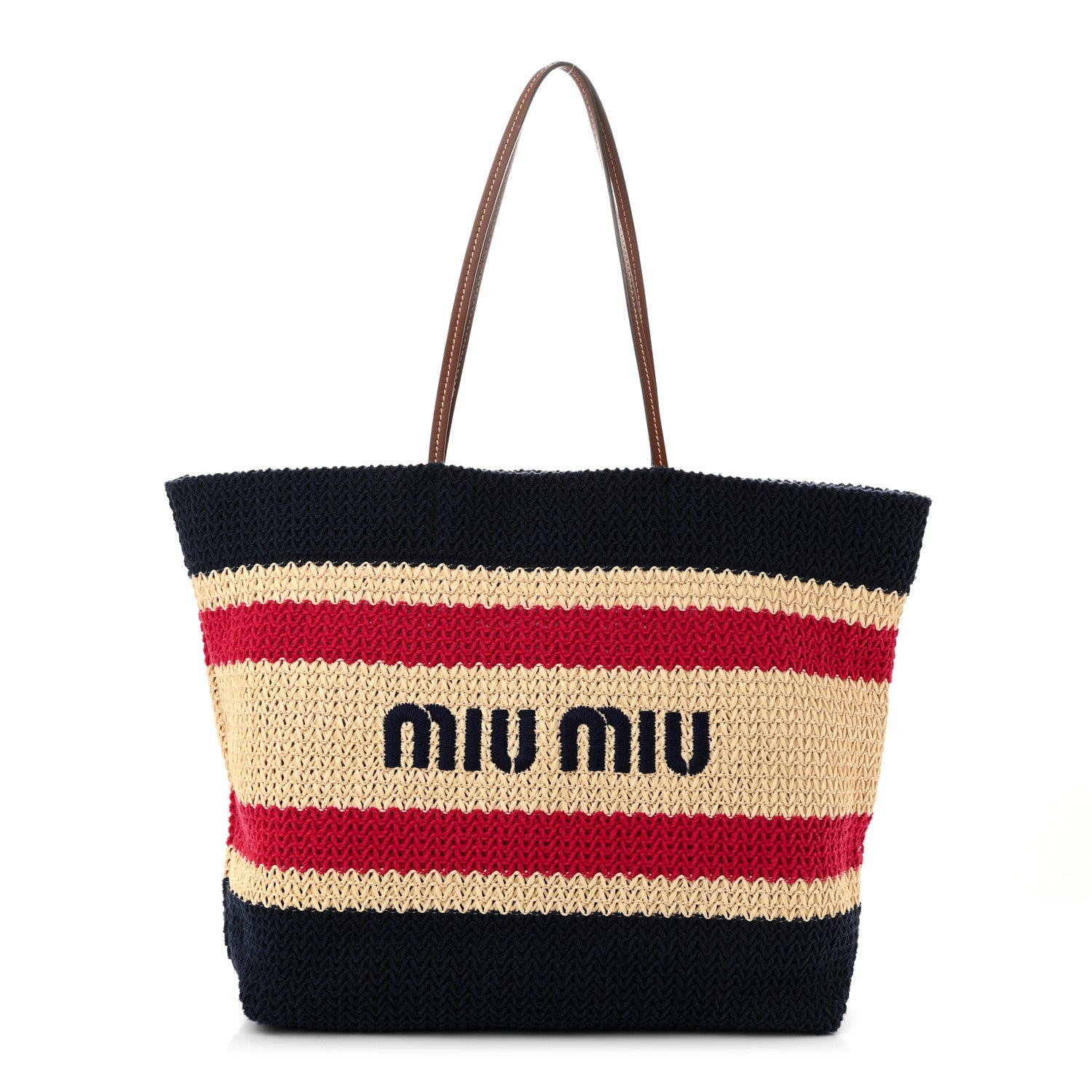 Miu Miu Raffia Crochet Stripe Tote Natural Blue 1753859 – FASHIONPHILE