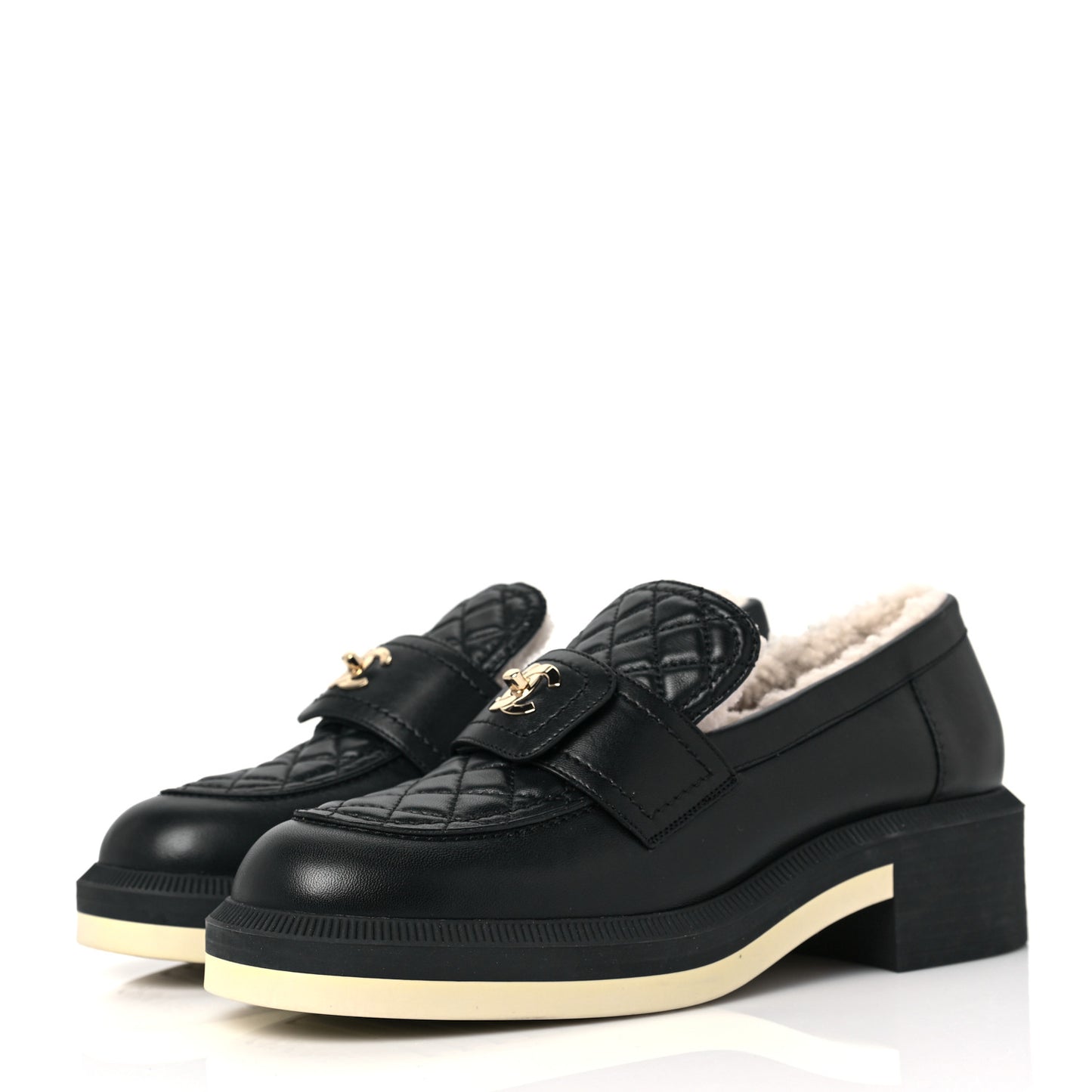 Lambskin Shearling Quilted CC Turnlock Loafers 40 Black