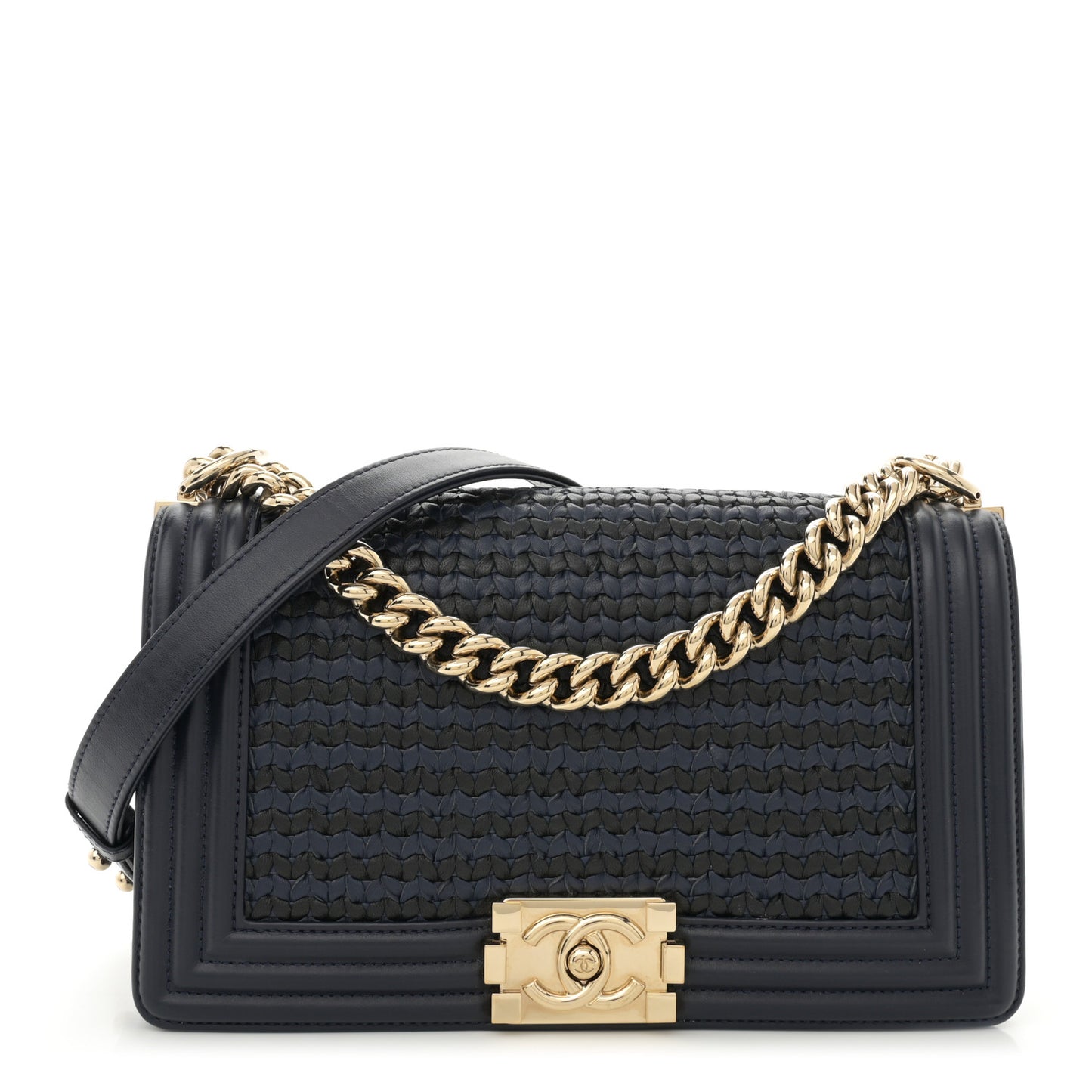 Lambskin Braided Woven Medium Boy Flap Navy Black