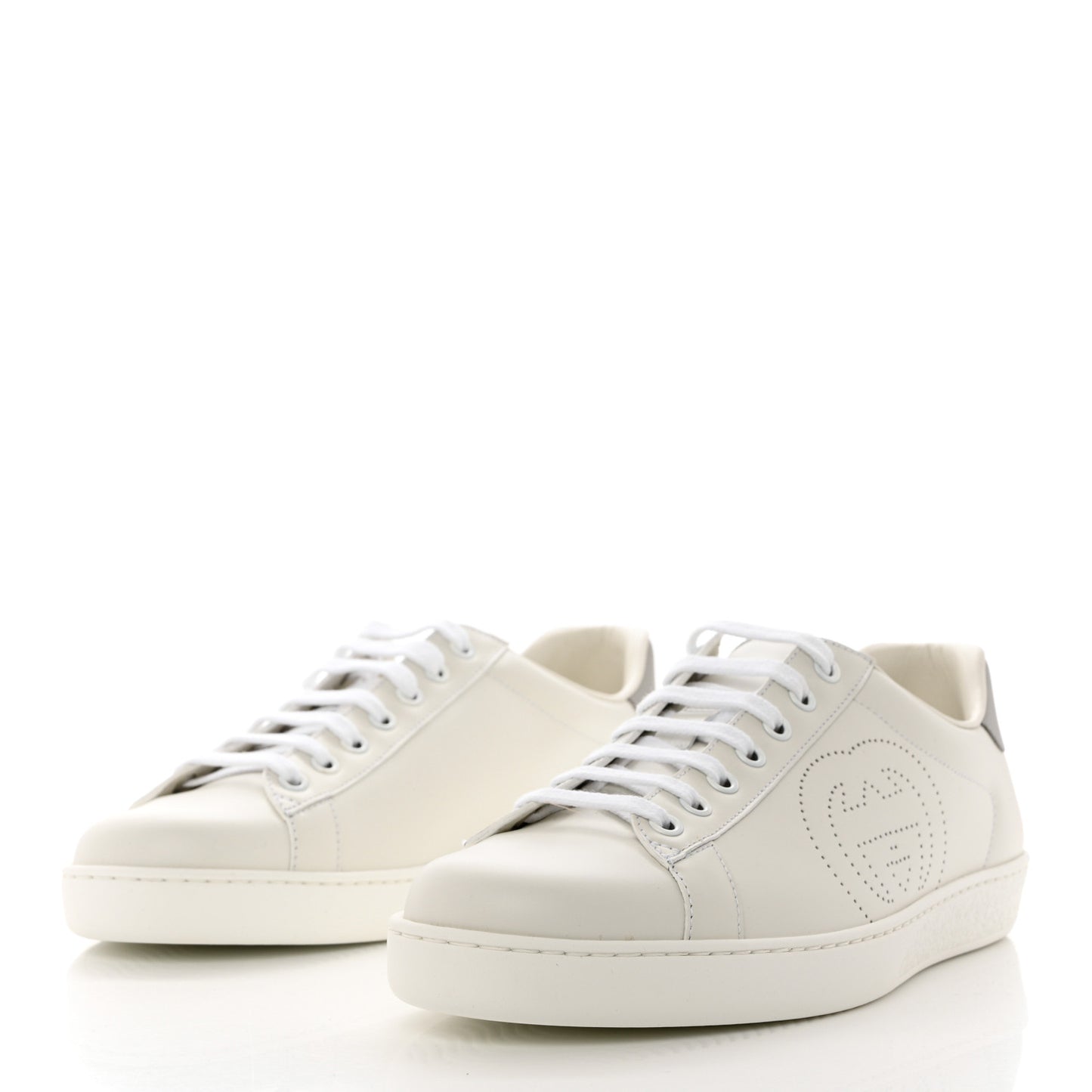 Calfskin Interlocking G Perforated Mens Ace Sneakers 8 White Grey Sky