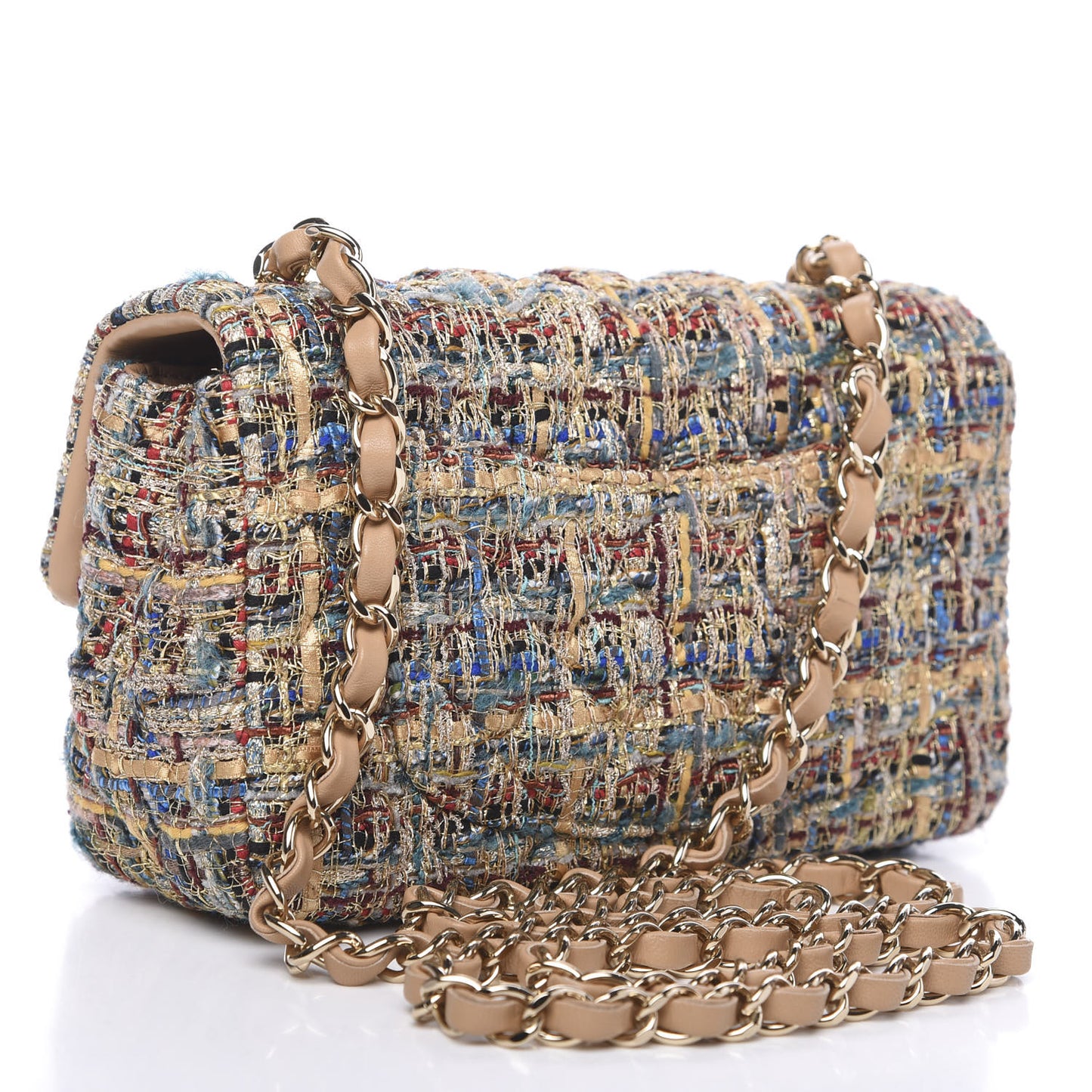 Tweed Quilted Mini Rectangular Flap Gold Blue