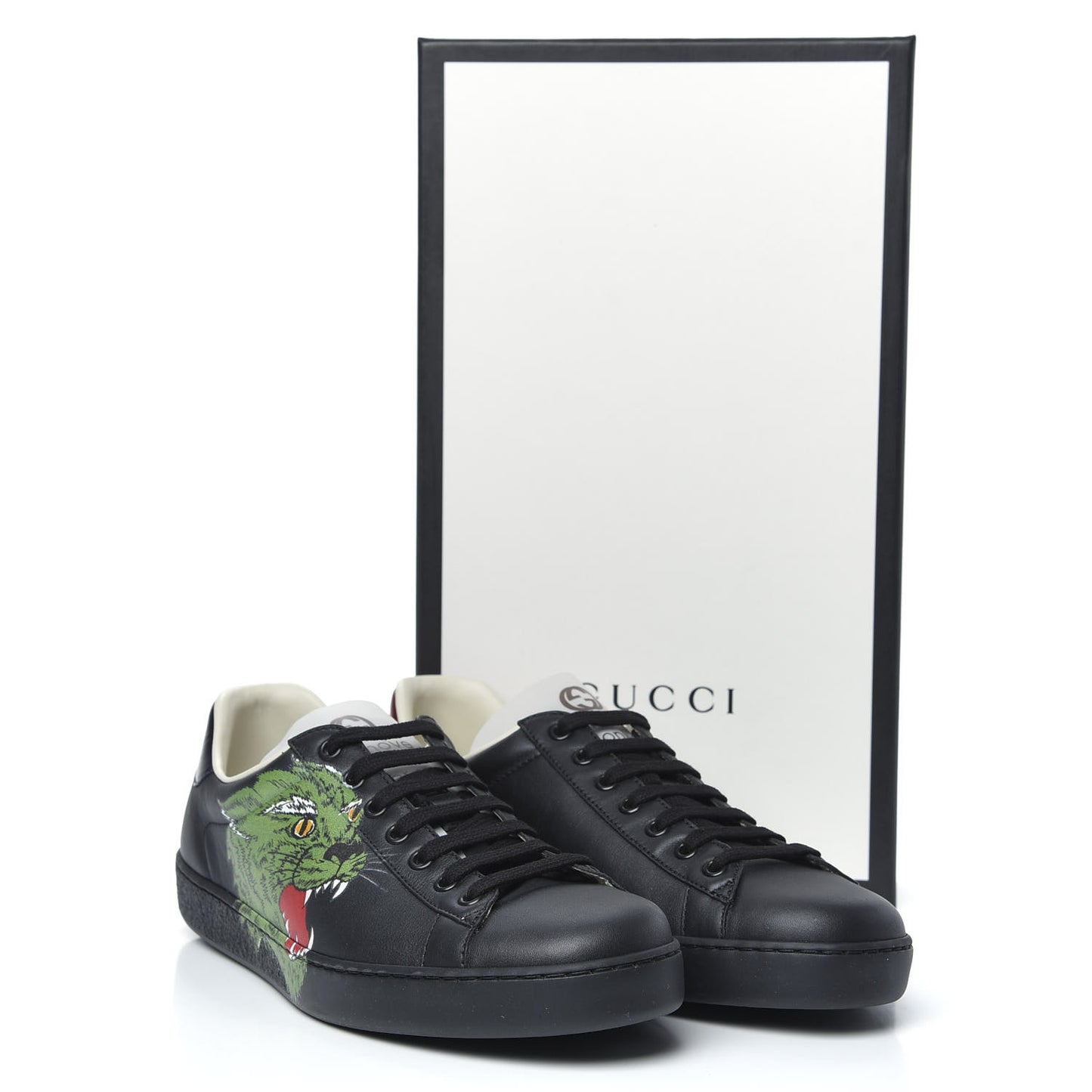 Calfskin Green Panther Print Mens Ace Sneakers 8.5 Black