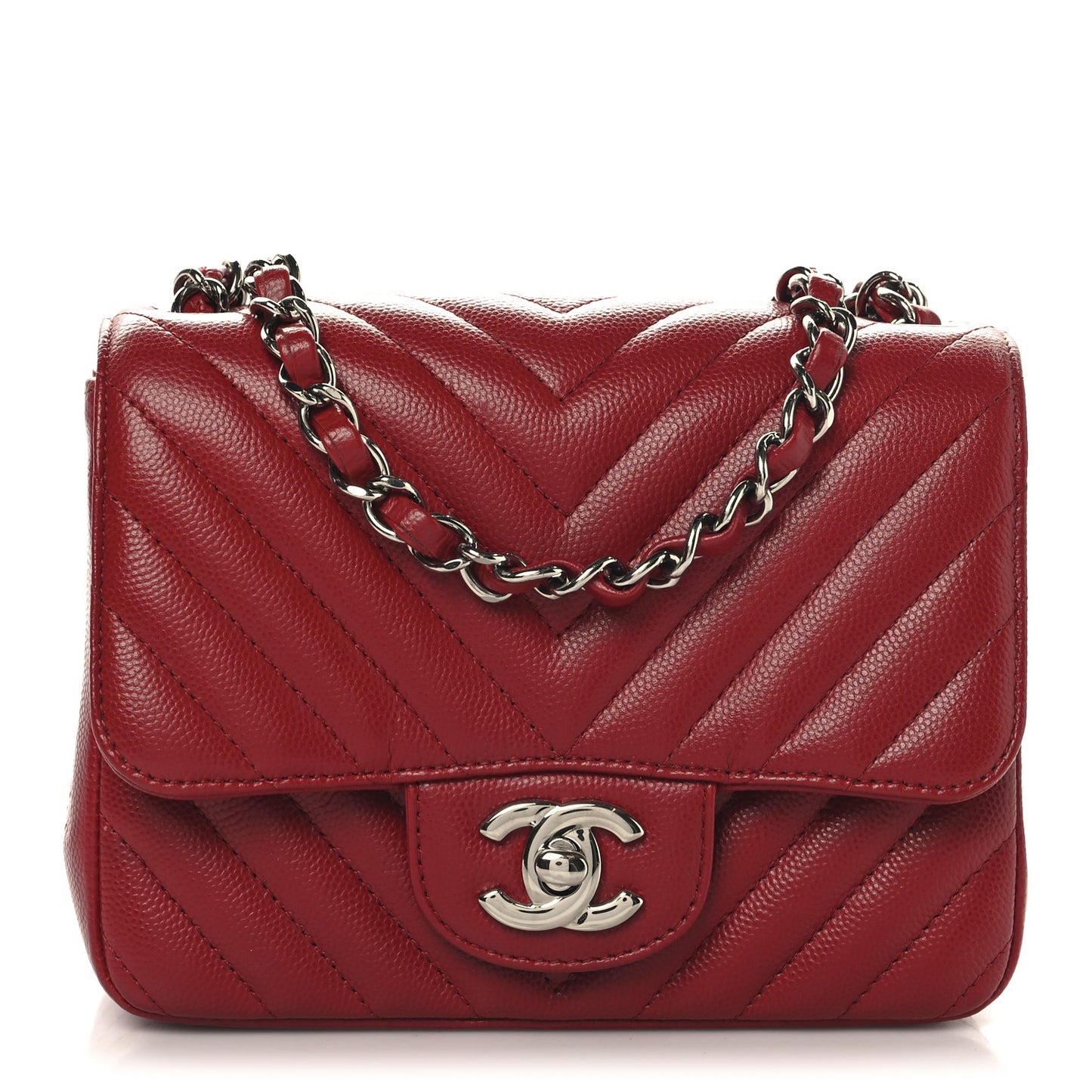 Caviar Chevron Quilted Mini Square Flap Red