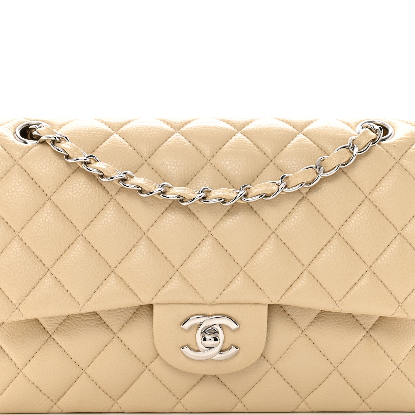 Caviar Quilted Medium Double Flap Beige
