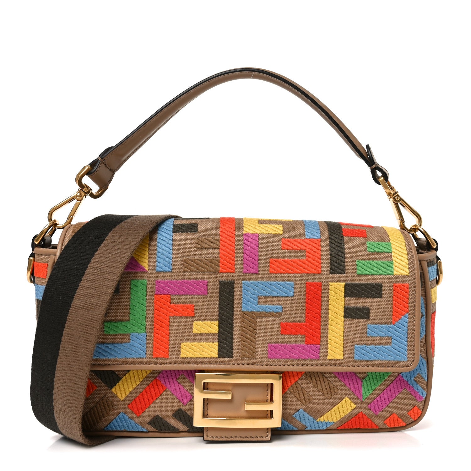 Fendi Canvas Vitello King FF Multicolor Embroidered Baguette