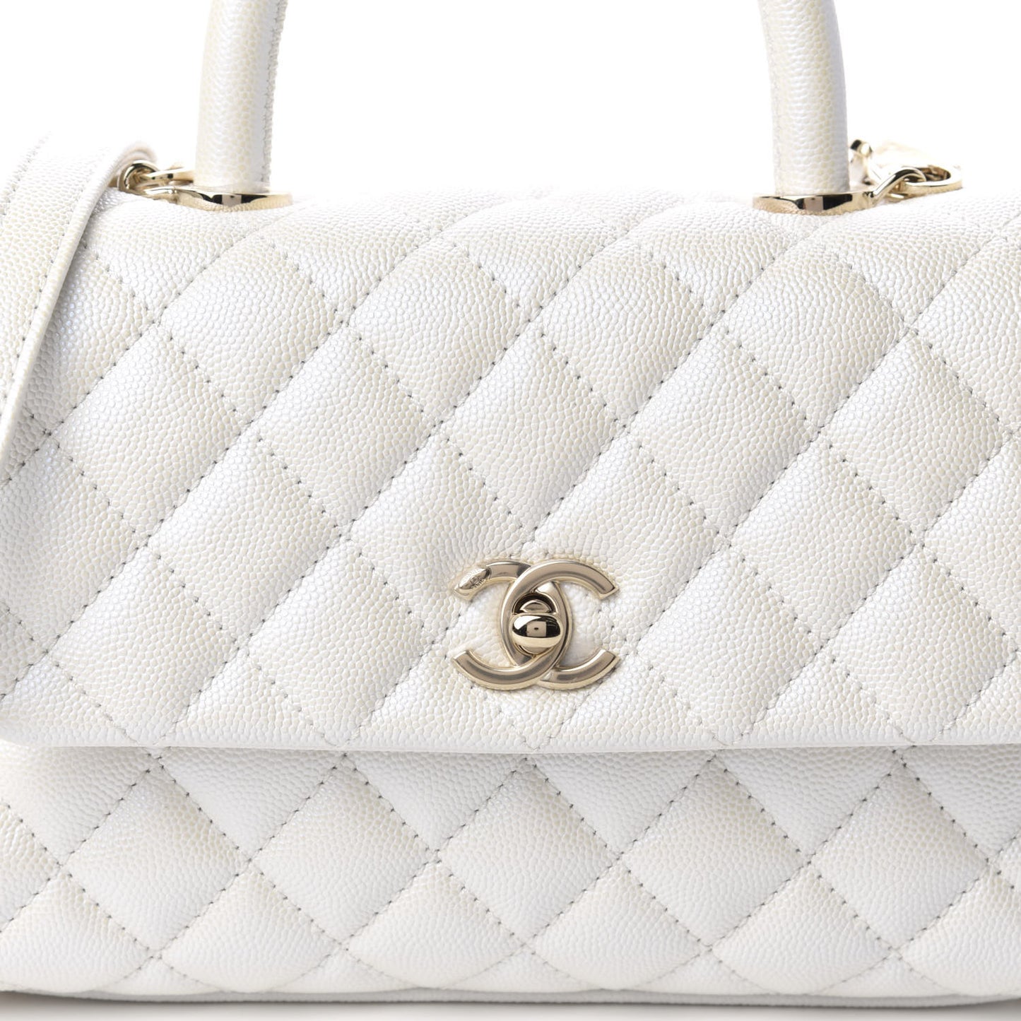 Iridescent Caviar Quilted Mini Coco Handle Flap White
