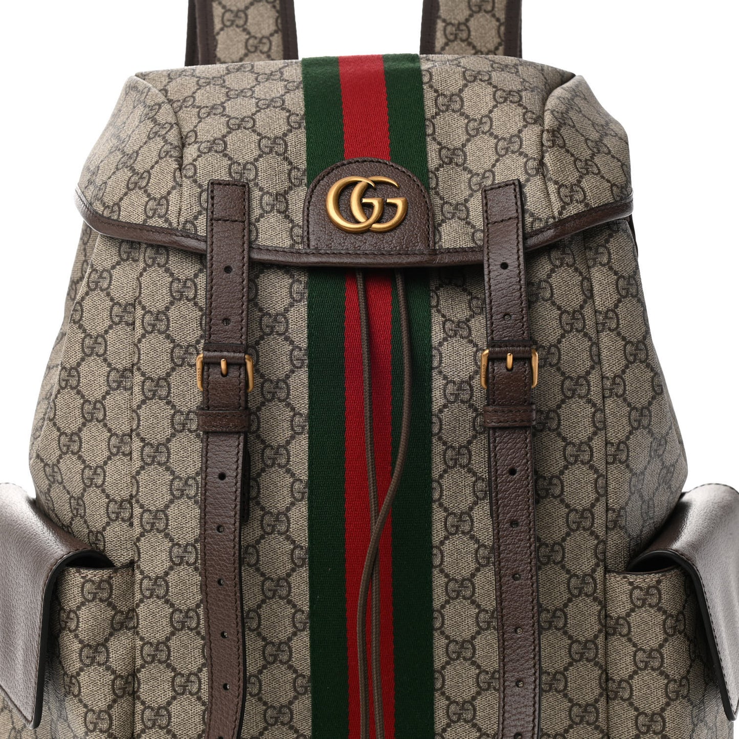 GG Supreme Monogram Medium Ophidia Double Buckle Backpack Brown
