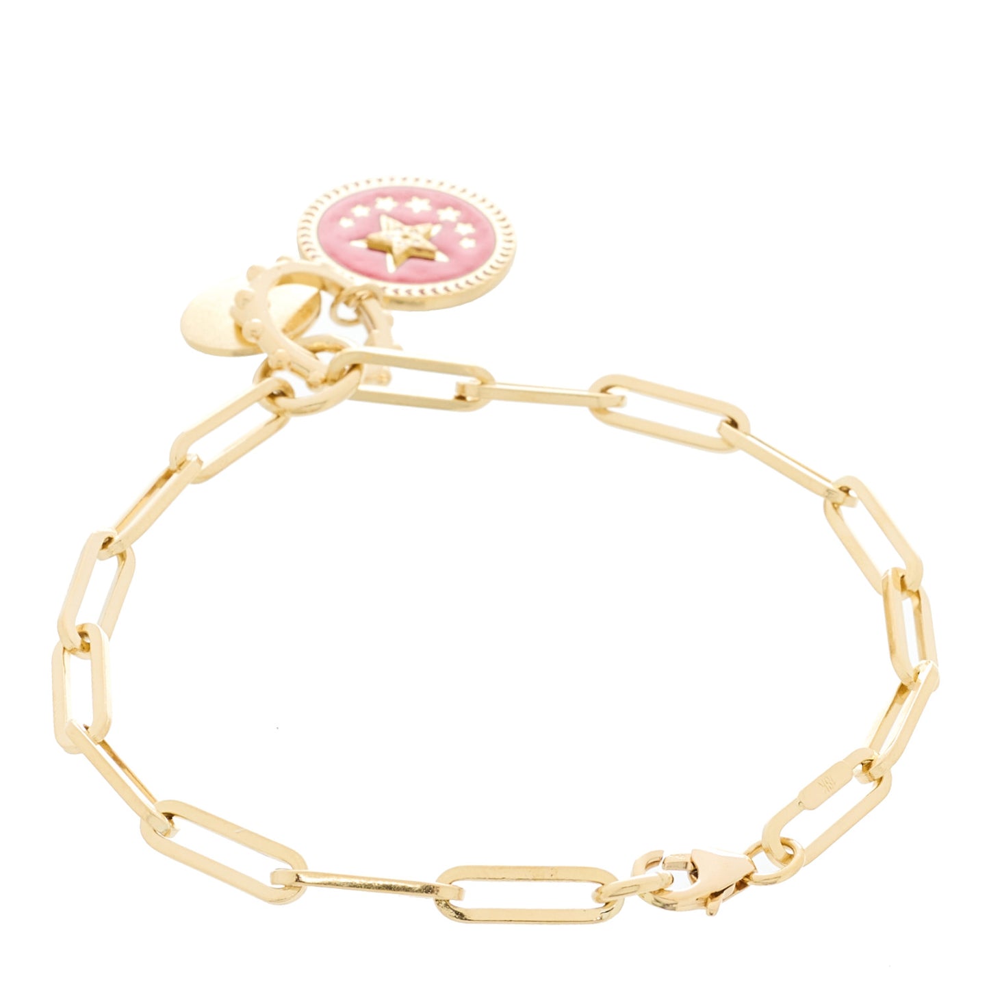 18K Yellow Gold Diamond Enamel Strength Medallion Link Bracelet Red