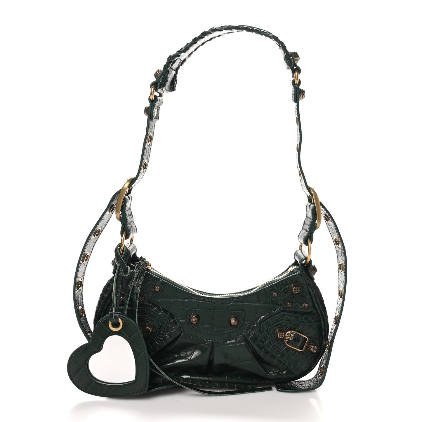 Extra Supple Calfskin Crocodile Embossed Le Cagole Shoulder Bag XS Forest Green