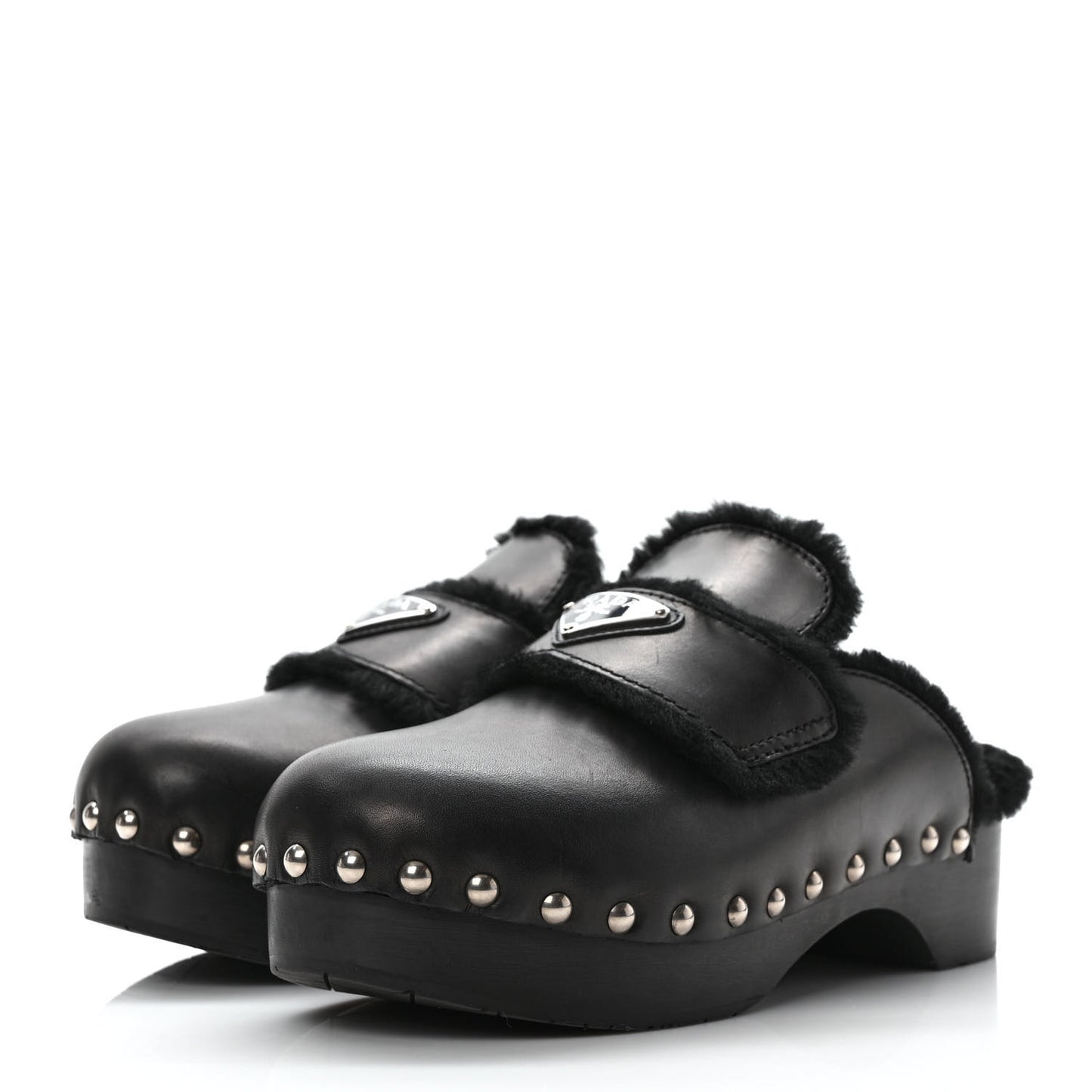 Natural Calfskin Shearling Metal Triangle Logo 45mm Clogs 38 Black