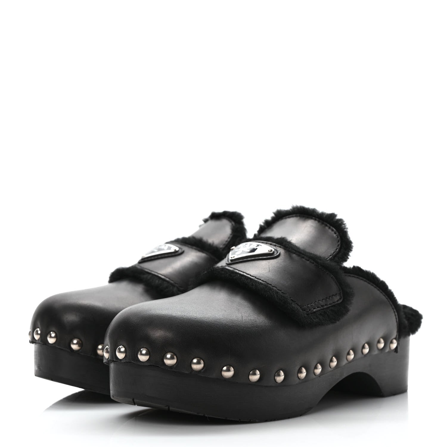 Prada Natural Calfskin Shearling Metal Triangle Logo 45mm Clogs 38 Black 3 of 7