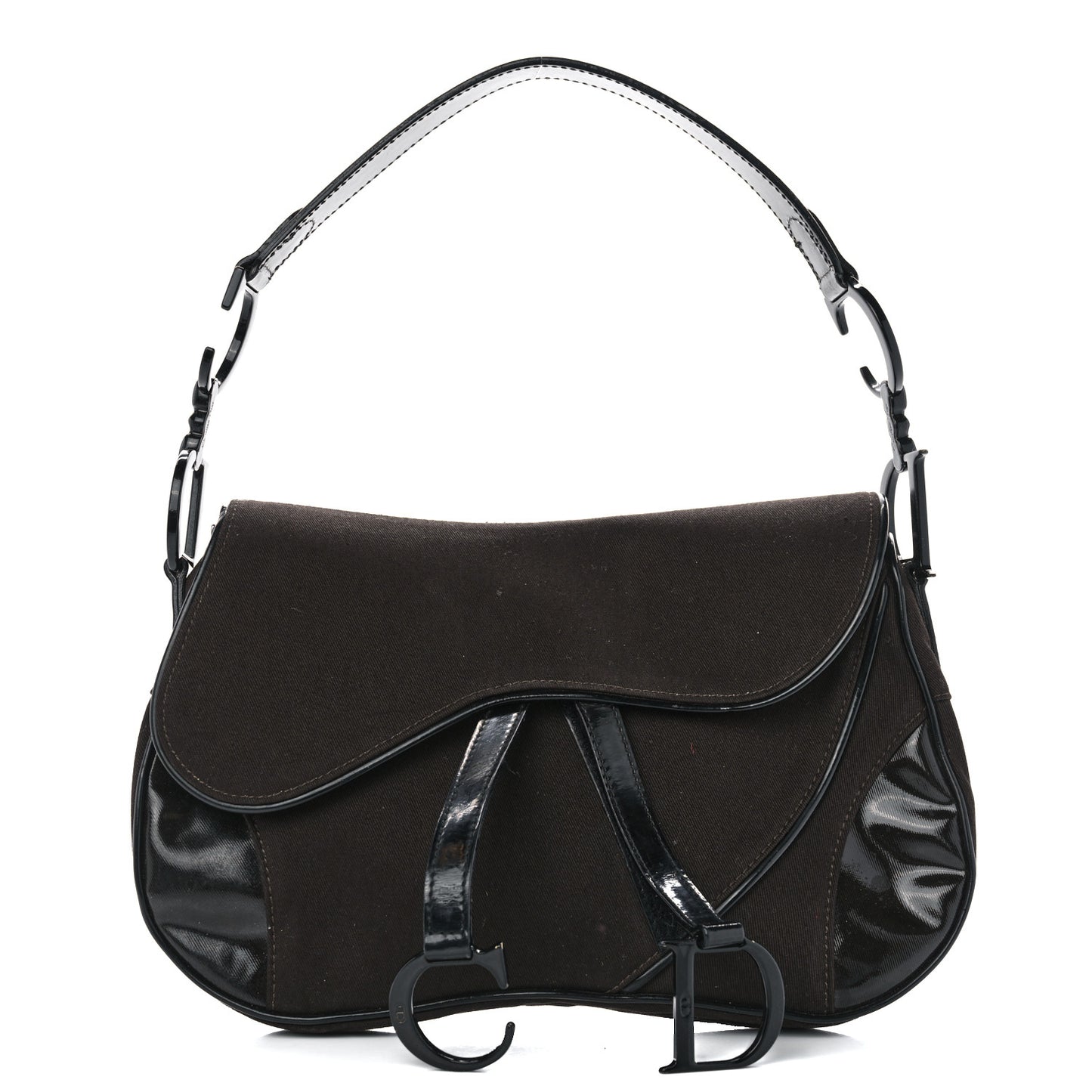 Canvas Patent Double Saddle Bag Brown Black