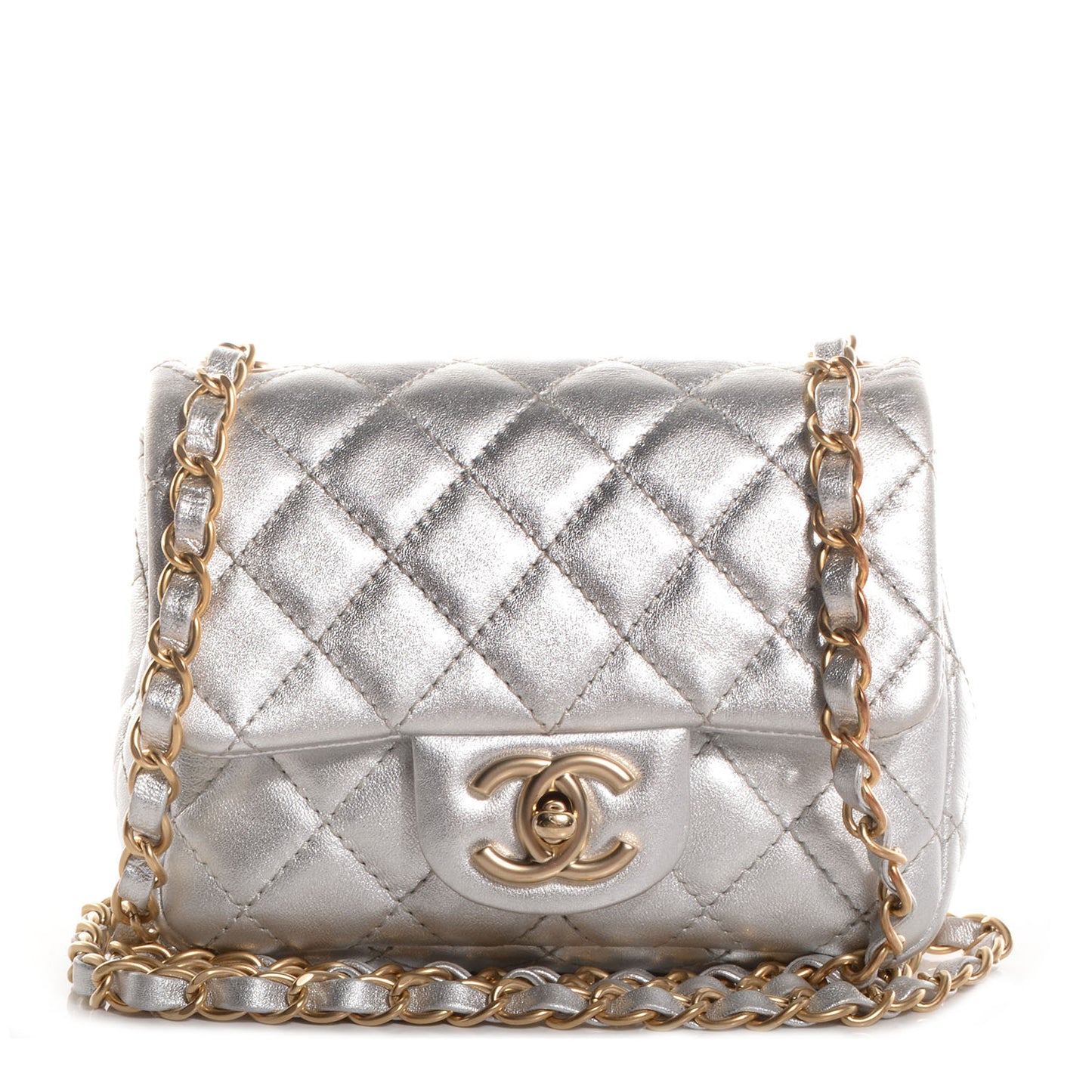 Metallic Lambskin Quilted Mini Square Flap Silver