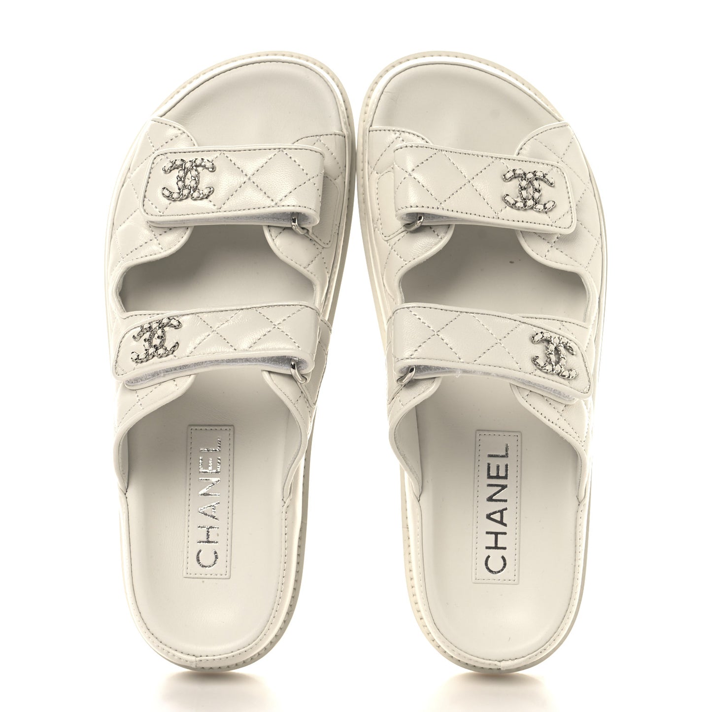Lambskin Quilted Velcro Dad Chain CC Slide Sandals 38 White