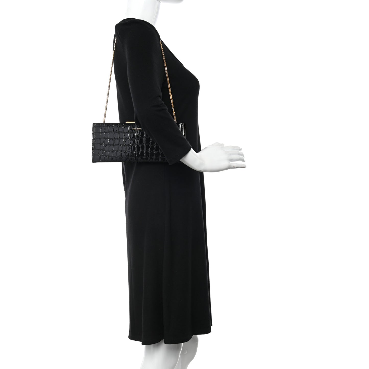 Lacquered Calfskin Crocodile Embossed Small Midnight Clutch Black
