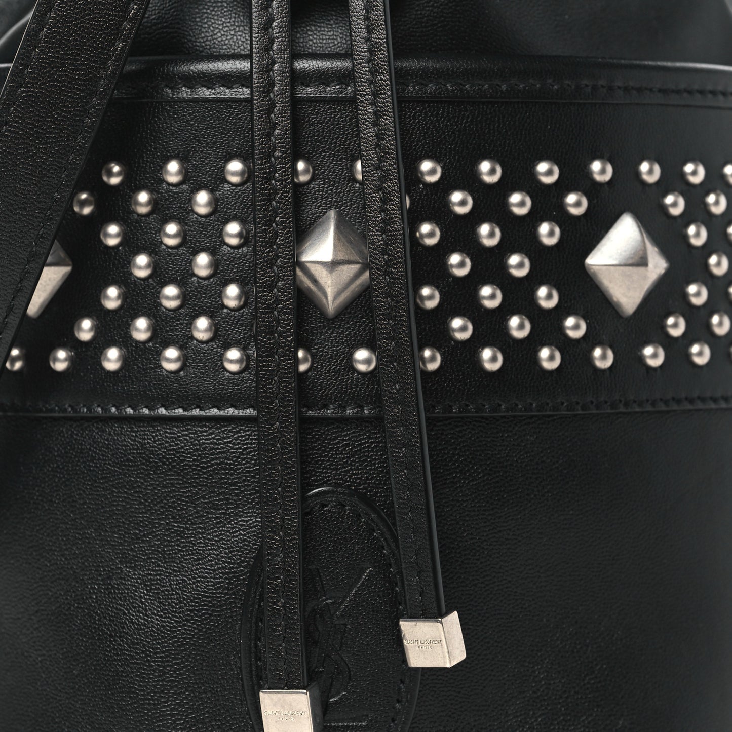 Smooth Calfskin Studded Small Bahia Drawstring Bucket Bag Black